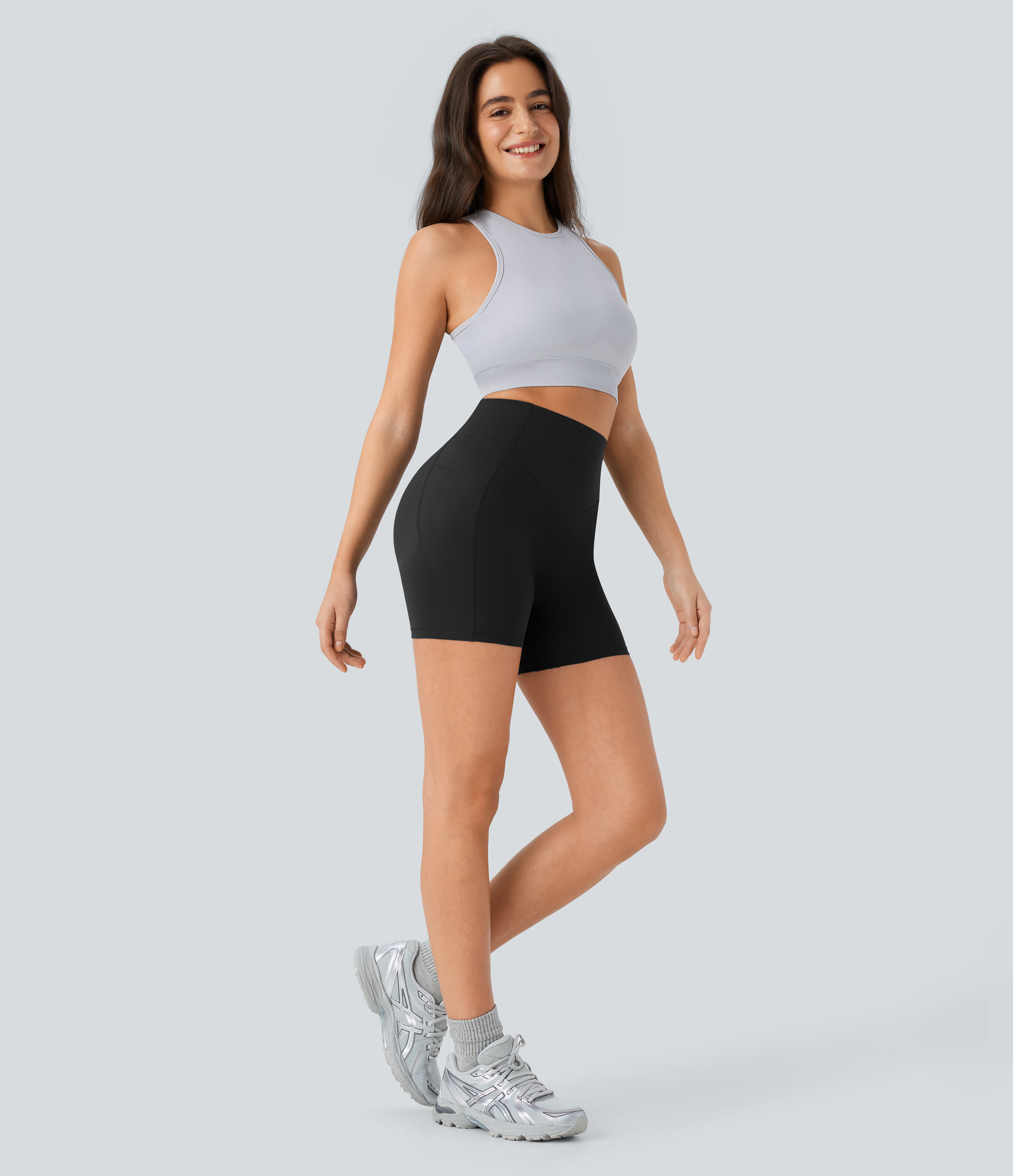 Halara SoCinched High Waisted Butt Lifting Tummy Control Side Pocket Shaping Workout UltraSculpt Biker Shorts 5``  - Black - L 