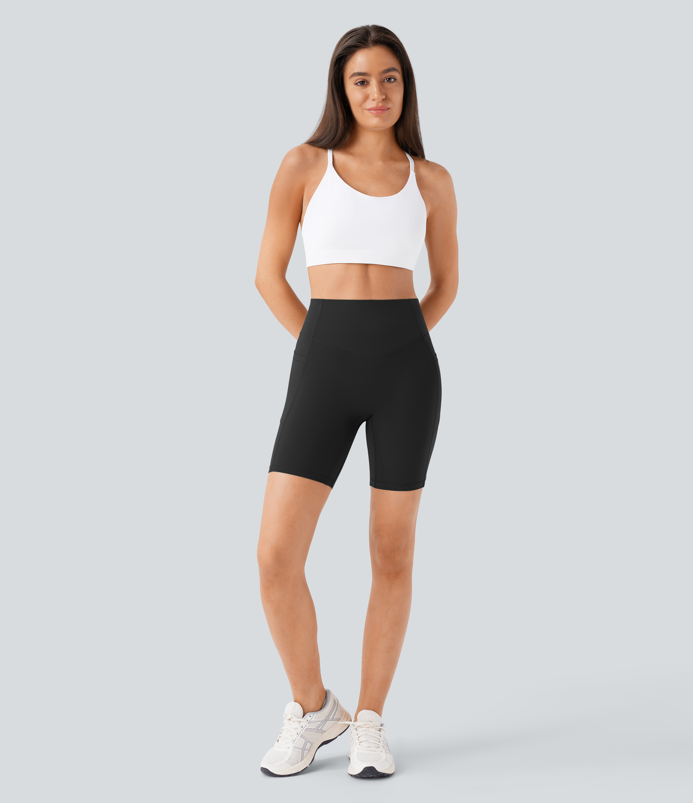 Halara SoCinched High Waisted Butt Lifting Tummy Control Side Pocket Shaping Workout UltraSculpt Biker Shorts 7``  - Black - S 