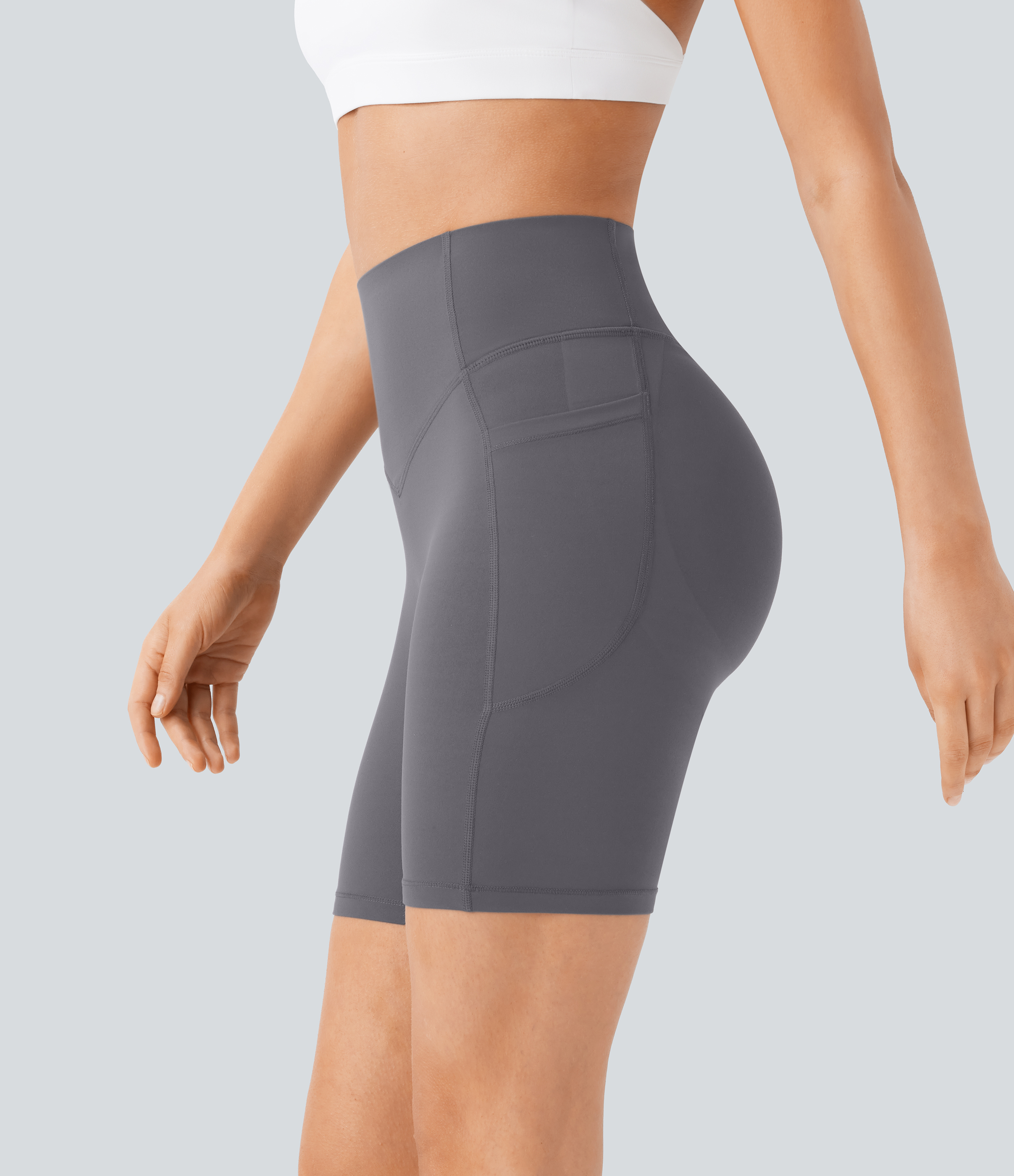Halara SoCinched High Waisted Butt Lifting Tummy Control Side Pocket Shaping Workout UltraSculpt Biker Shorts 7``  - Volcanic Ash - XL 