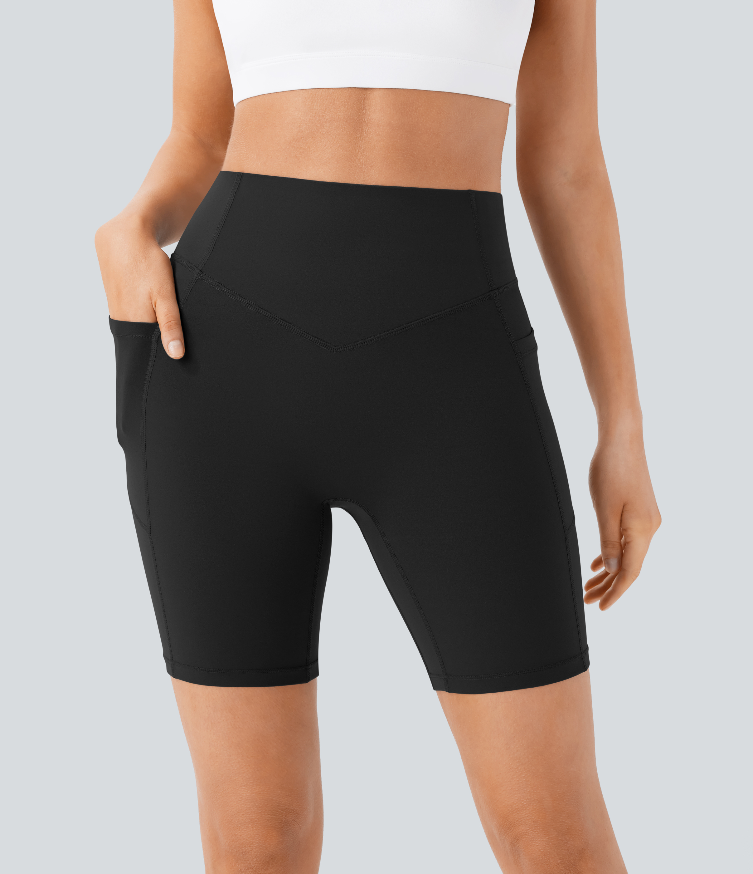 Halara SoCinched High Waisted Butt Lifting Tummy Control Side Pocket Shaping Workout UltraSculpt Biker Shorts 7``  - Black - S 