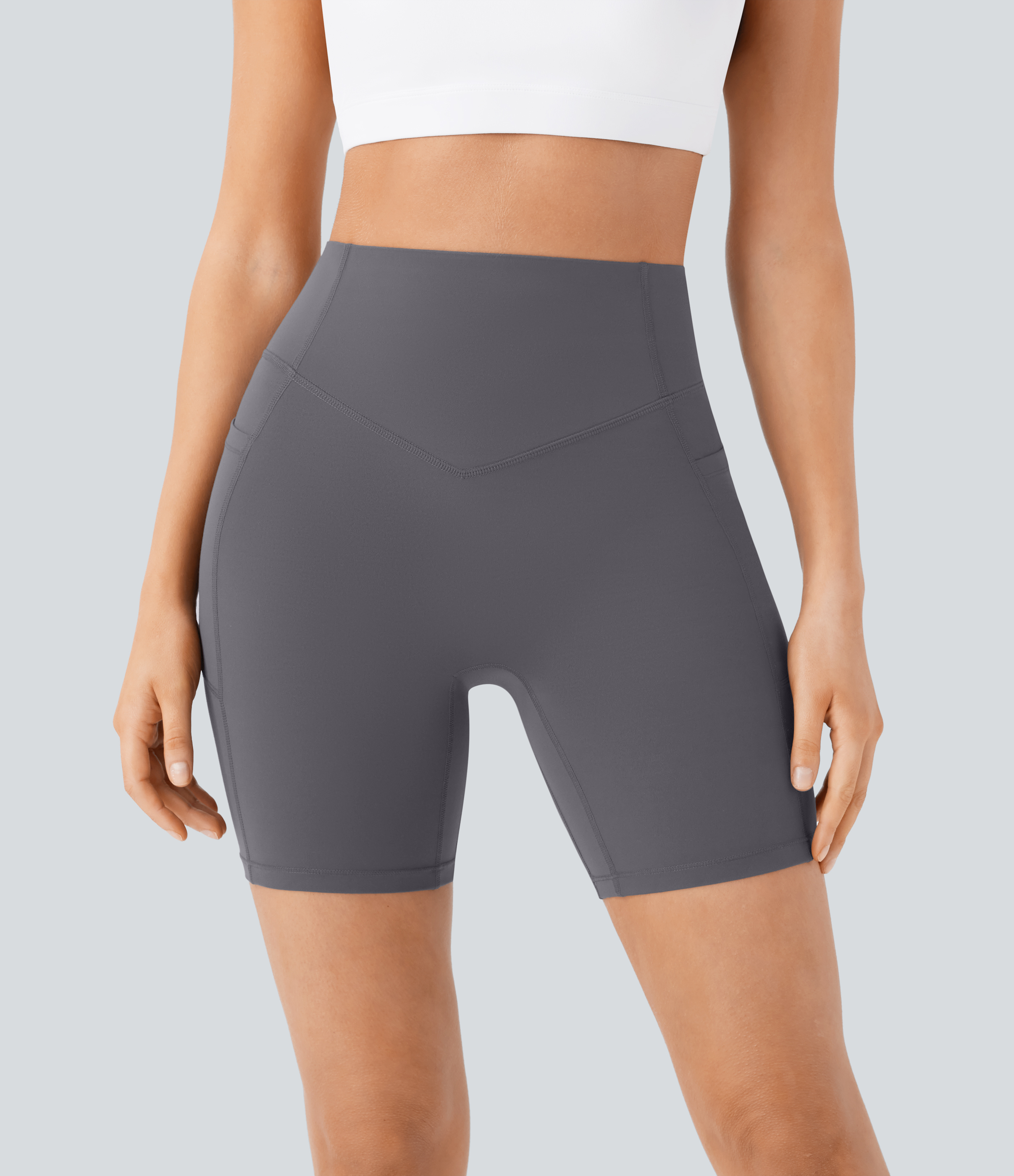 Halara SoCinched High Waisted Butt Lifting Tummy Control Side Pocket Shaping Workout UltraSculpt Biker Shorts 7``  - Volcanic Ash - XL 