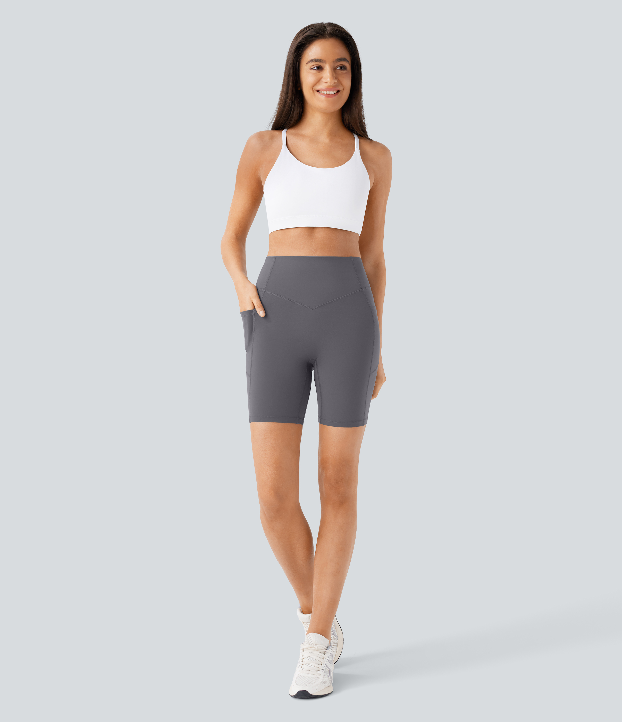 Halara SoCinched High Waisted Butt Lifting Tummy Control Side Pocket Shaping Workout UltraSculpt Biker Shorts 7``  - Volcanic Ash - XL 