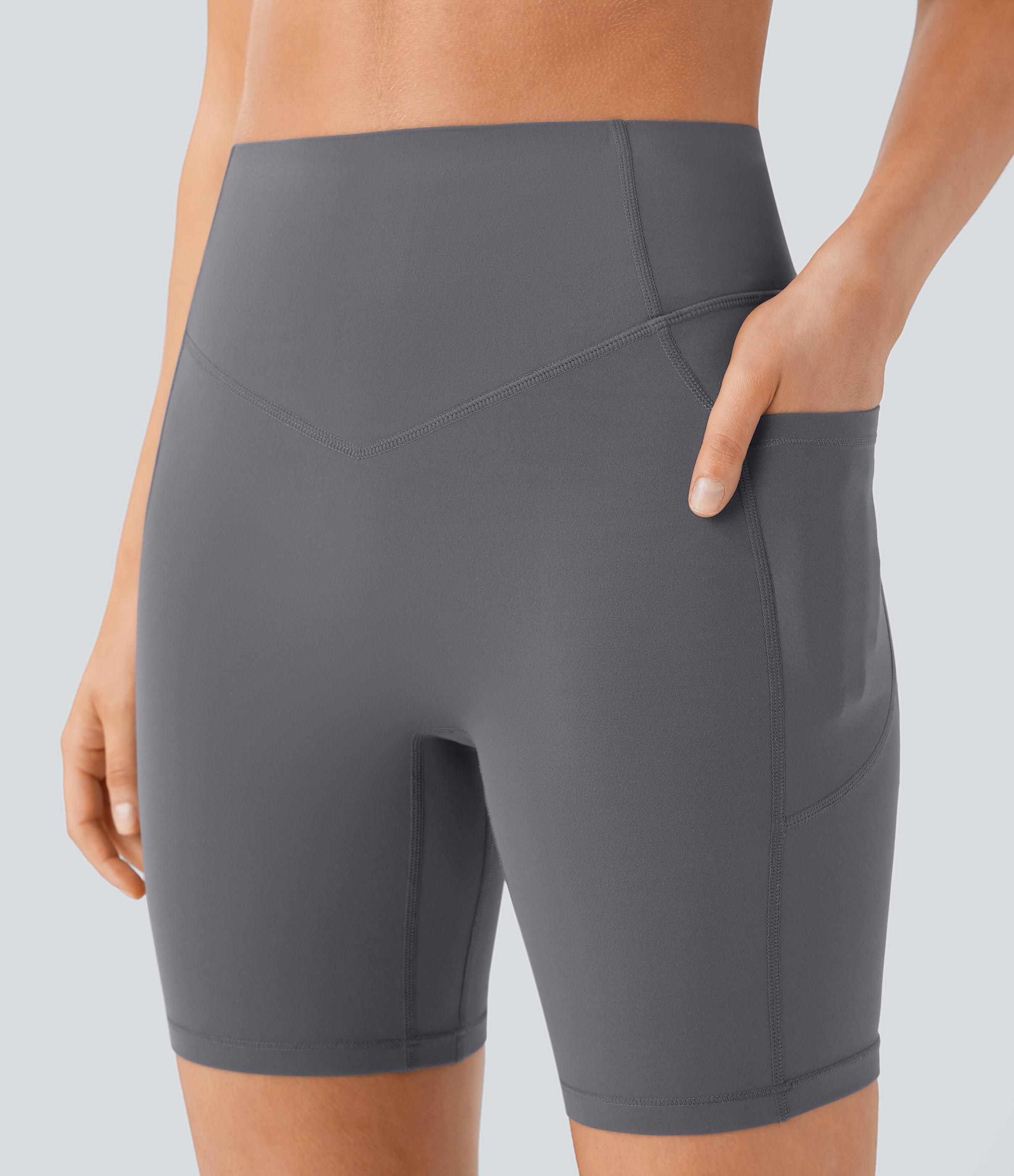 Halara SoCinched High Waisted Butt Lifting Tummy Control Side Pocket Shaping Workout UltraSculpt Biker Shorts 7``  - Volcanic Ash - XL 