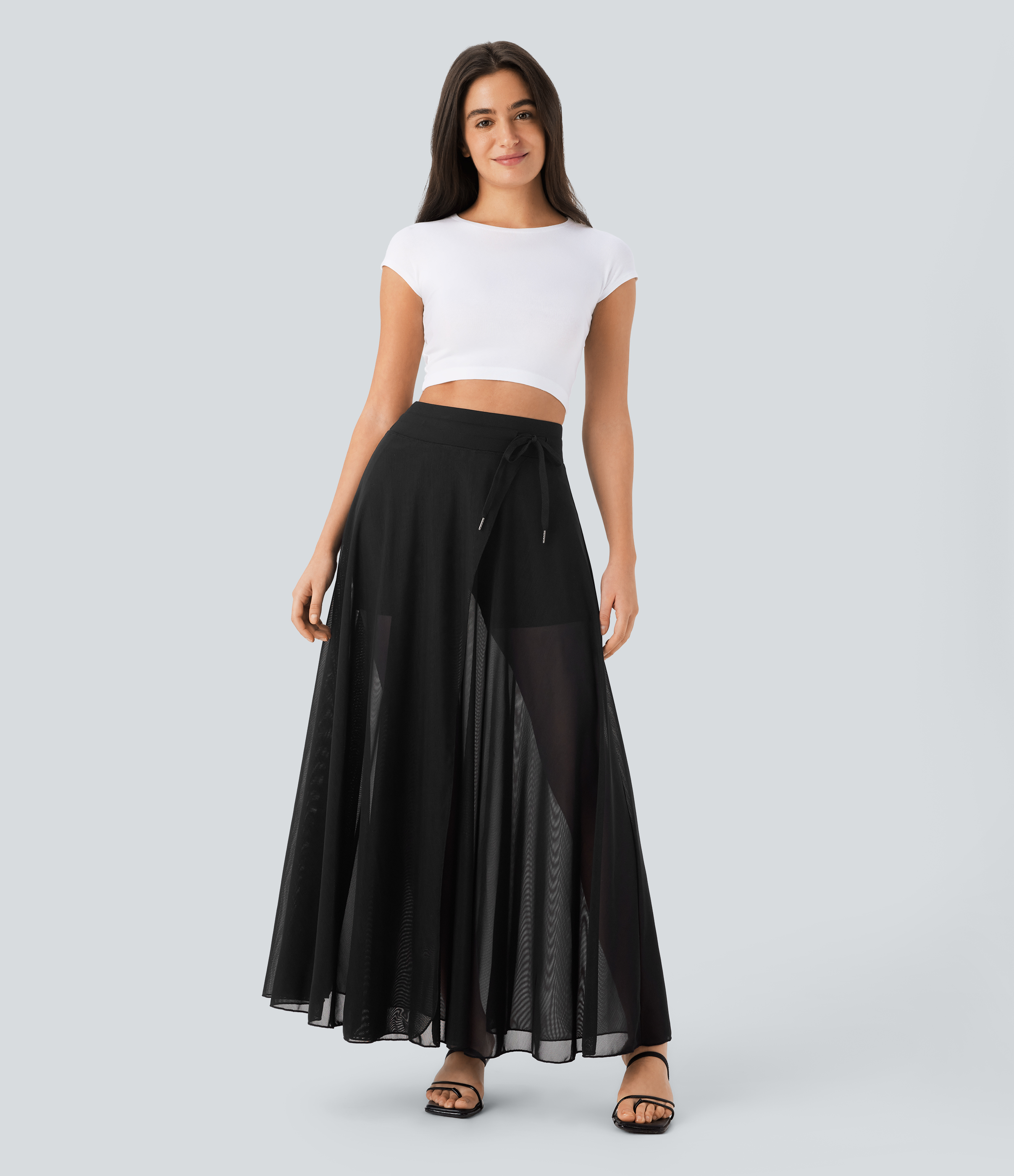 Halara High Waisted Drawstring Contrast Mesh 2-in-1 Side Pocket Flowy Maxi Flare Casual Skirt  - Black - XS(regular) 