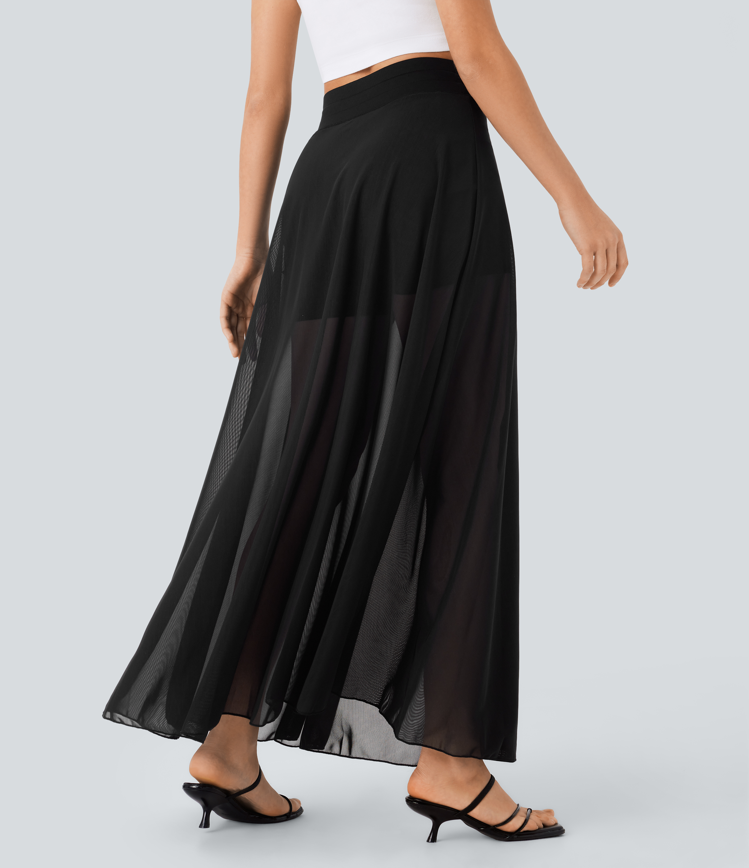 Halara High Waisted Drawstring Contrast Mesh 2-in-1 Side Pocket Flowy Maxi Flare Casual Skirt  - Black - XS(regular) 