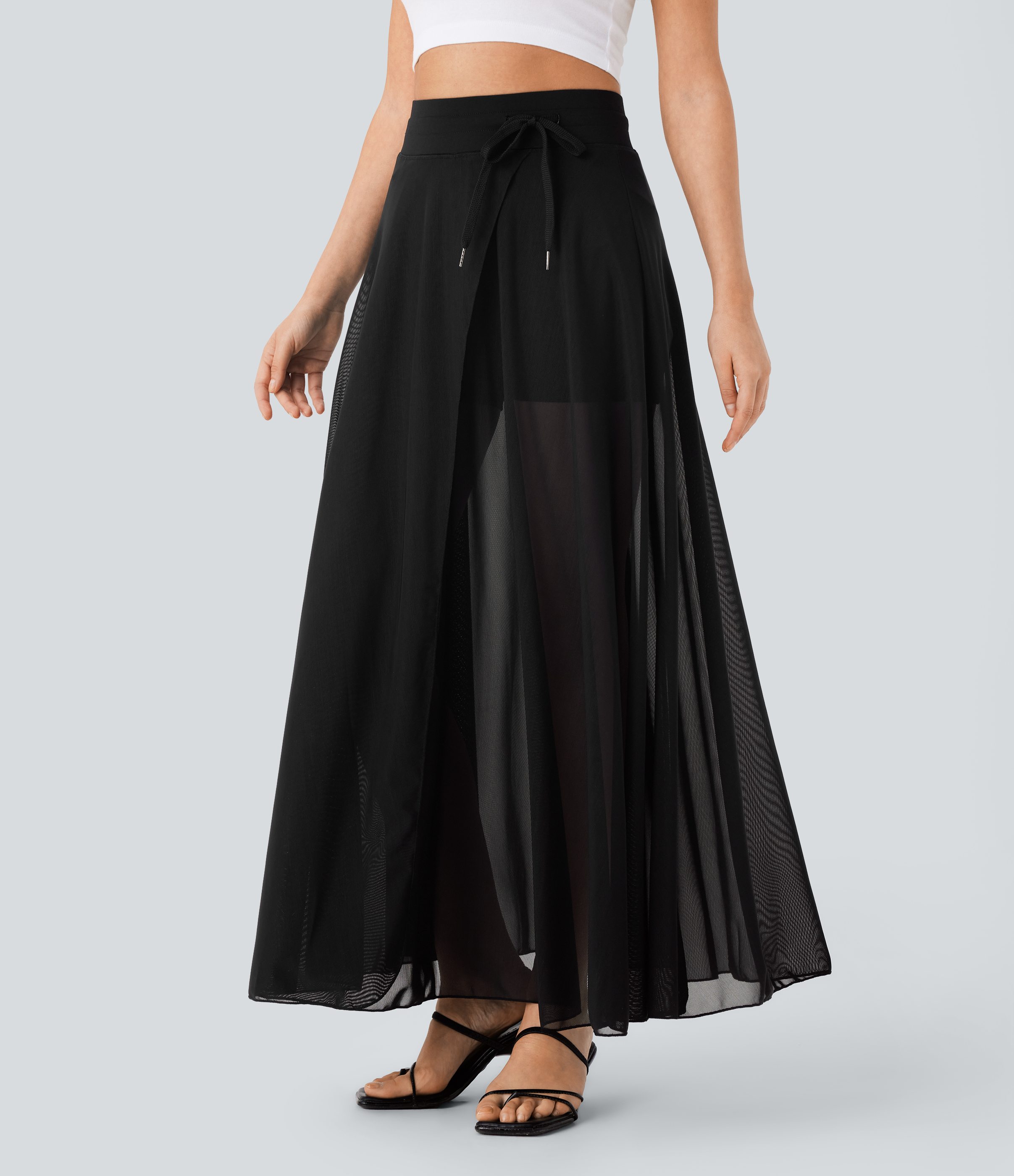 Halara High Waisted Drawstring Contrast Mesh 2-in-1 Side Pocket Flowy Maxi Flare Casual Skirt  - Black - XS(regular) 