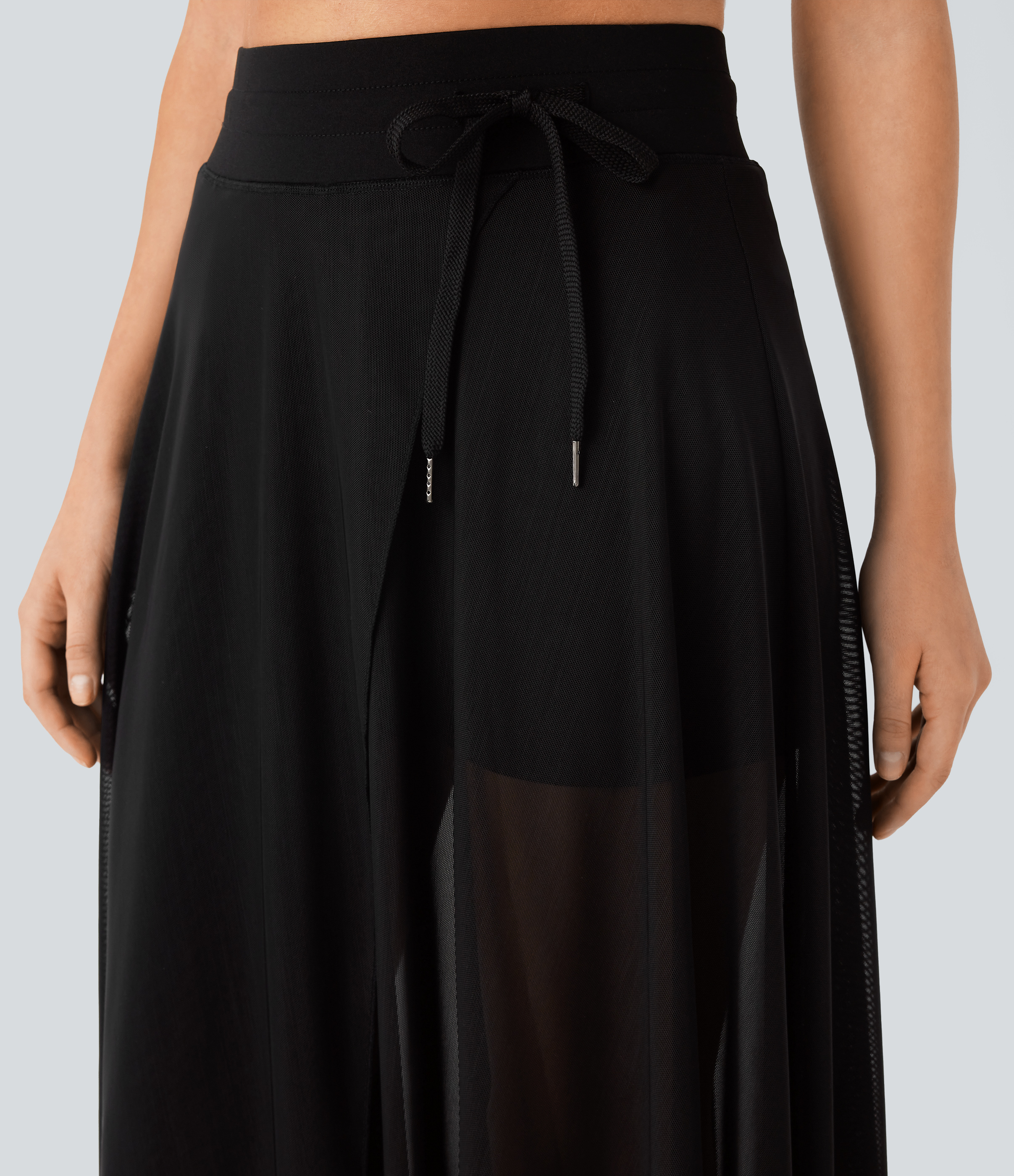 Halara High Waisted Drawstring Contrast Mesh 2-in-1 Side Pocket Flowy Maxi Flare Casual Skirt  - Black - XS(regular) 