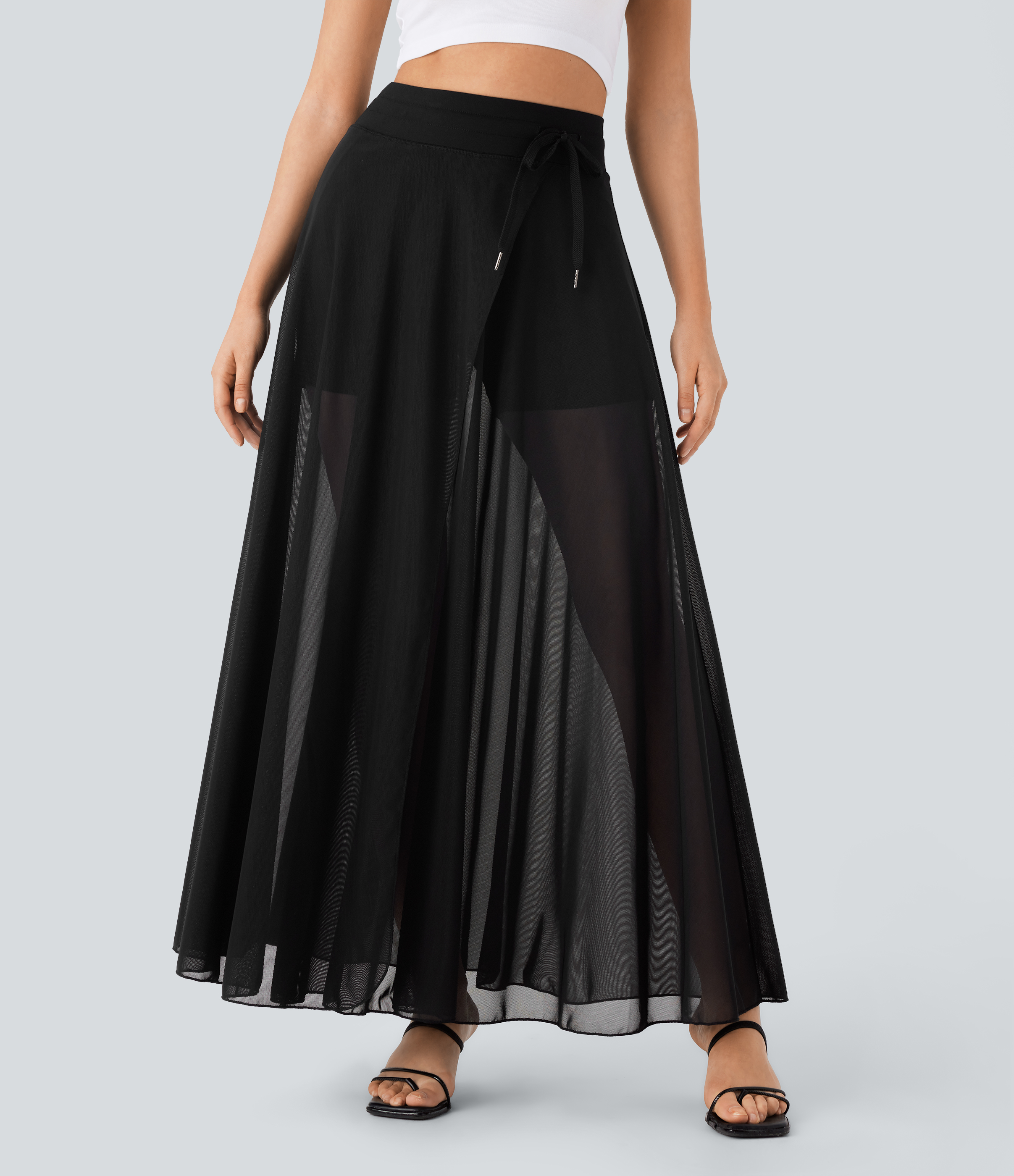 Halara High Waisted Drawstring Contrast Mesh 2-in-1 Side Pocket Flowy Maxi Flare Casual Skirt  - Black - XS(regular) 