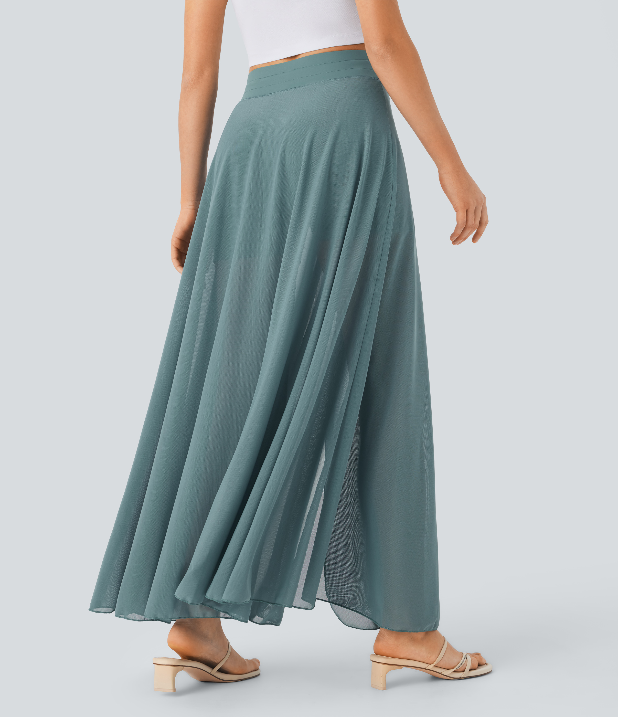 Halara High Waisted Drawstring Contrast Mesh 2-in-1 Side Pocket Flowy Maxi Flare Casual Skirt  - Mineral Blue - M(regular) 