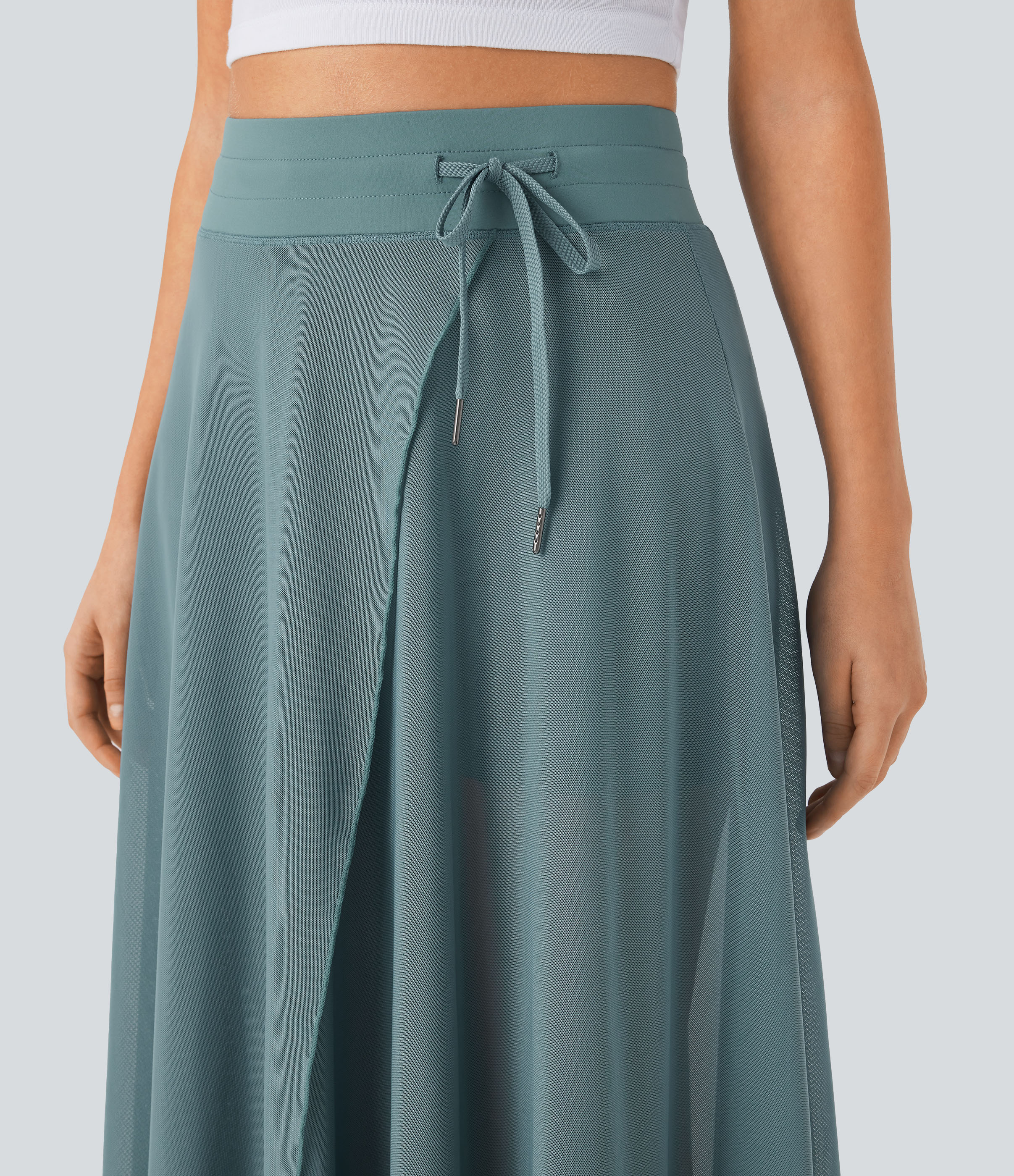 Halara High Waisted Drawstring Contrast Mesh 2-in-1 Side Pocket Flowy Maxi Flare Casual Skirt  - Mineral Blue - M(regular) 