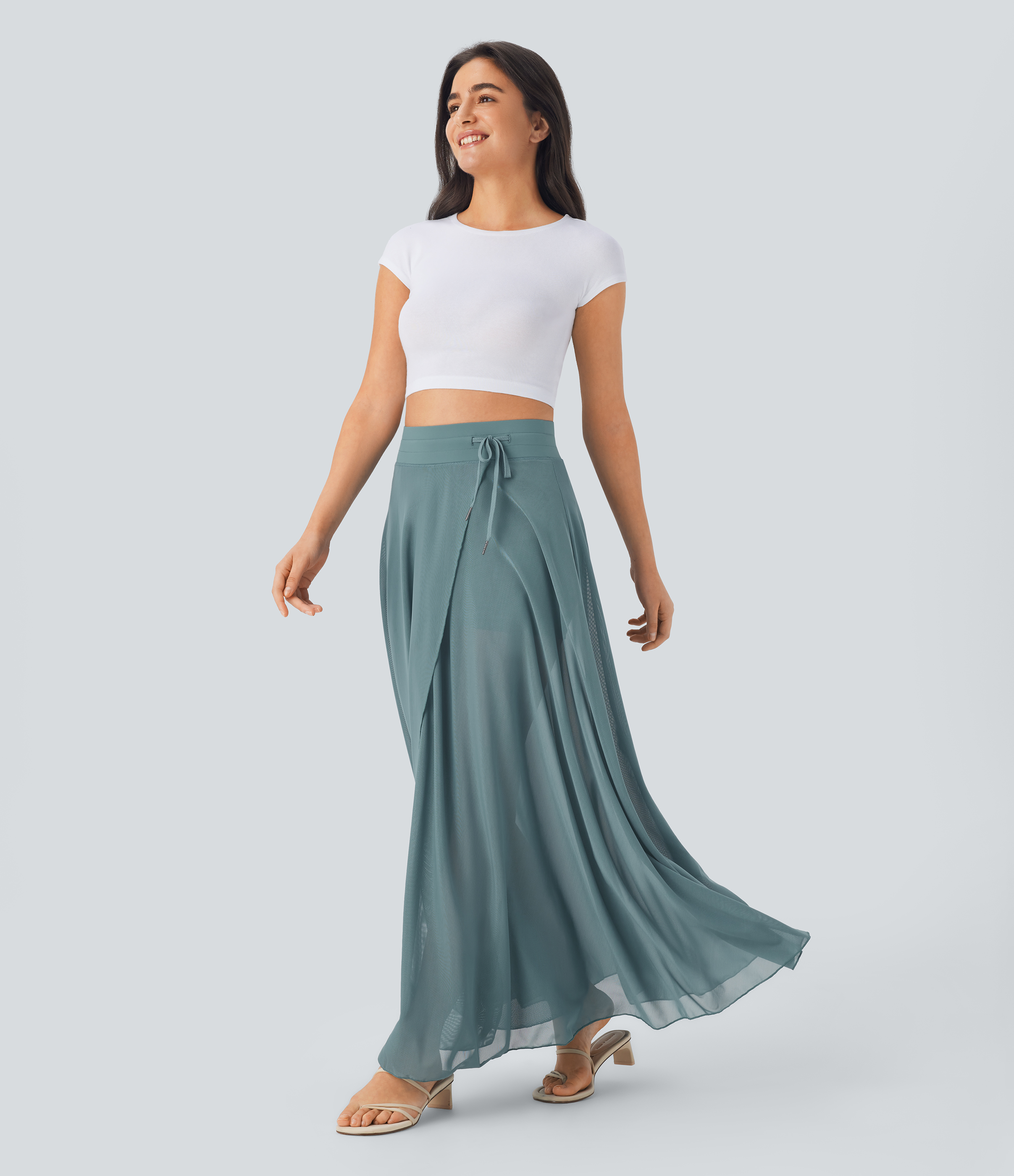 Women's High Waisted Drawstring Contrast Mesh 2-in-1 Pocket