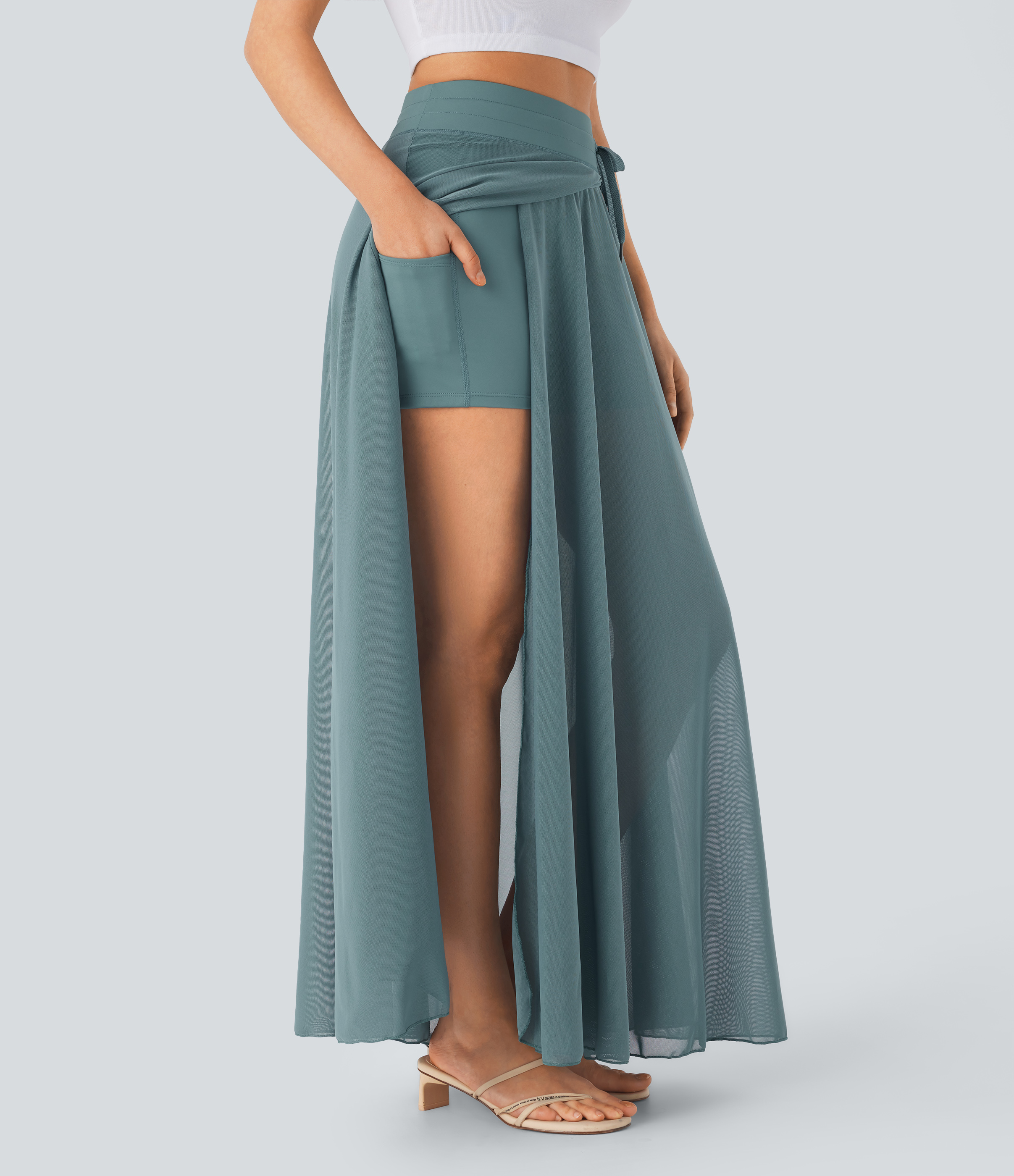 Halara High Waisted Drawstring Contrast Mesh 2-in-1 Side Pocket Flowy Maxi Flare Casual Skirt  - Mineral Blue - M(regular) 
