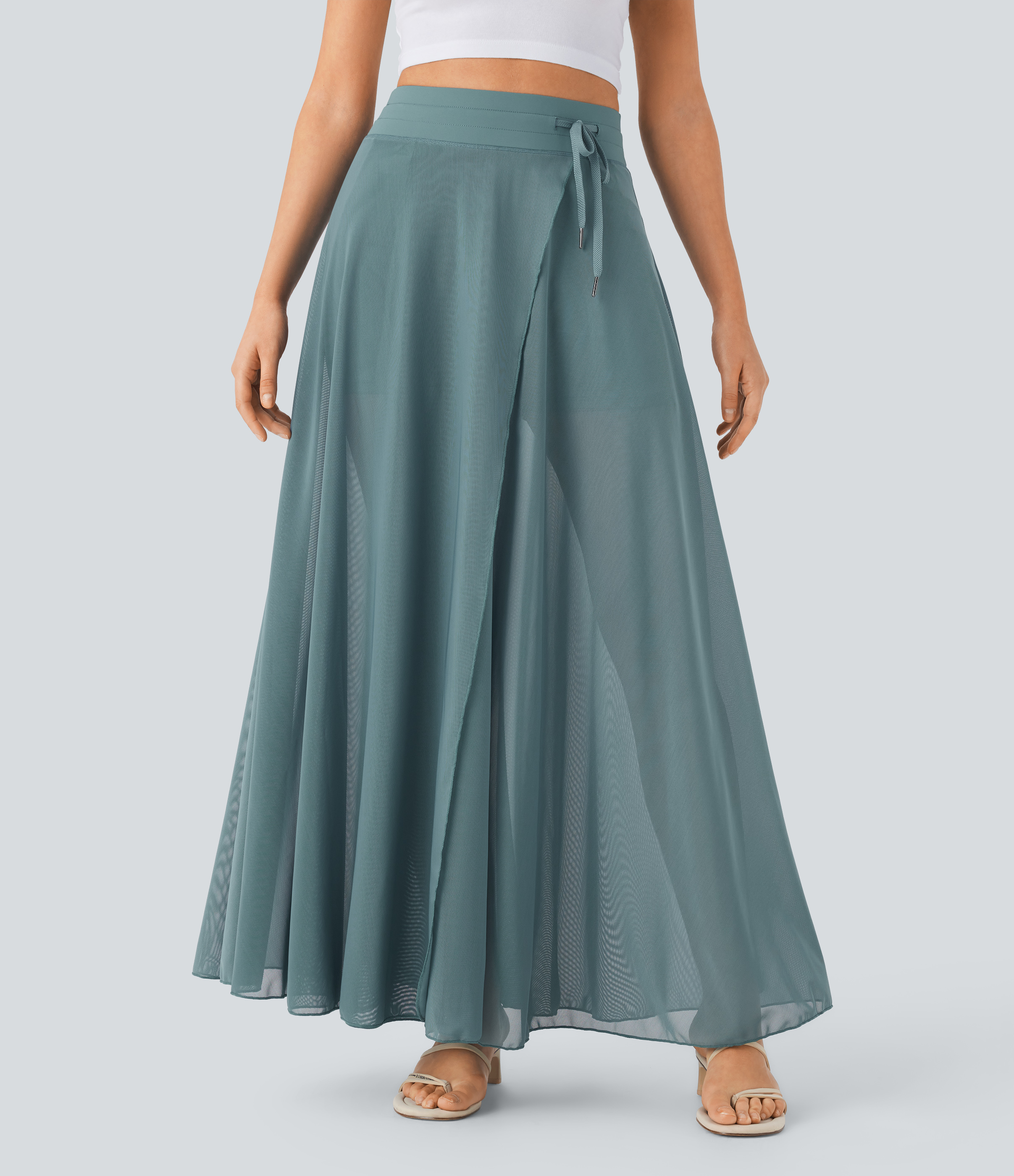 Halara High Waisted Drawstring Contrast Mesh 2-in-1 Side Pocket Flowy Maxi Flare Casual Skirt  - Mineral Blue - M(regular) 