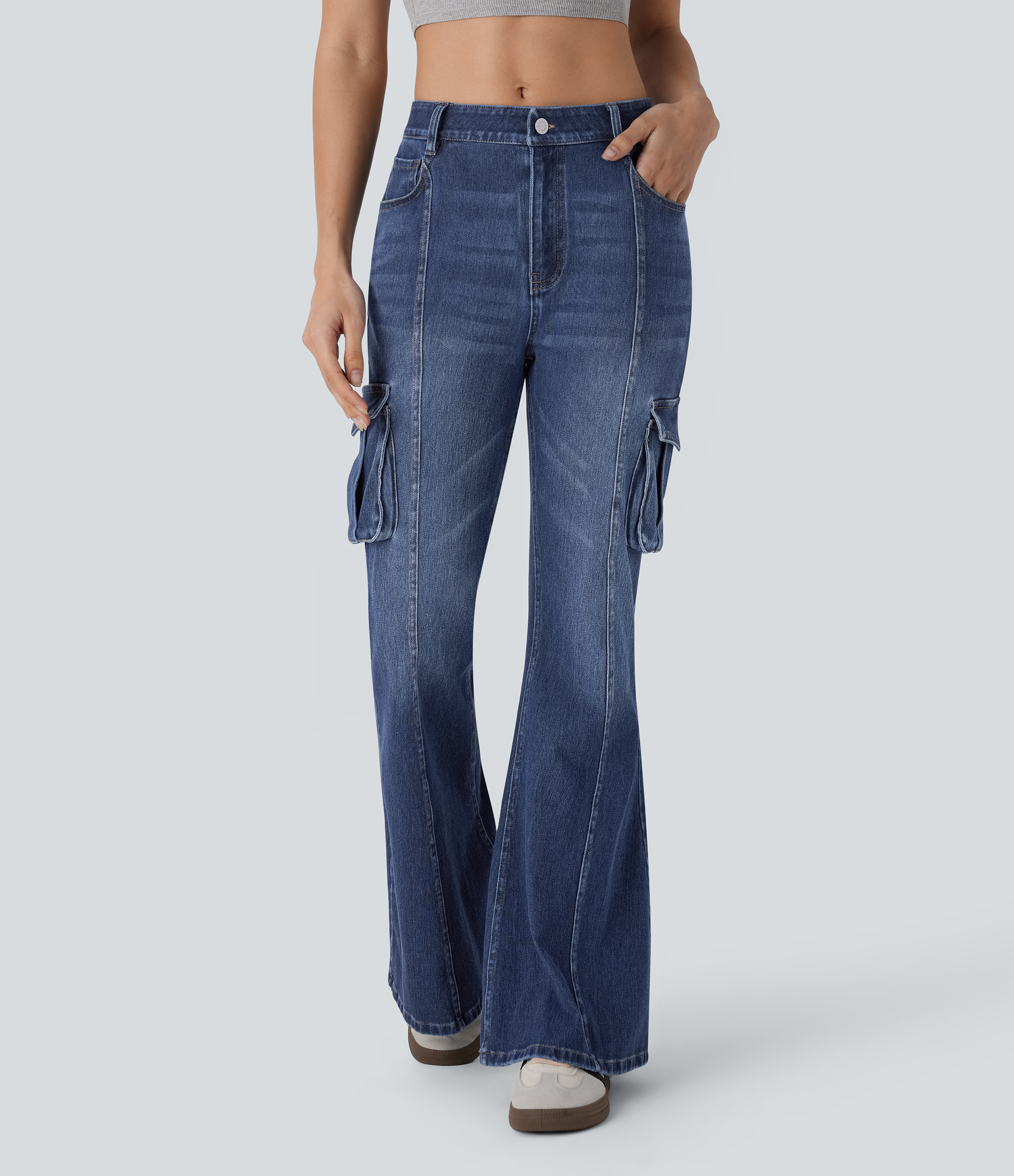 Jeans cargo Halara Flex™ Denim acampanado elástico lavado múltiple bolsillo