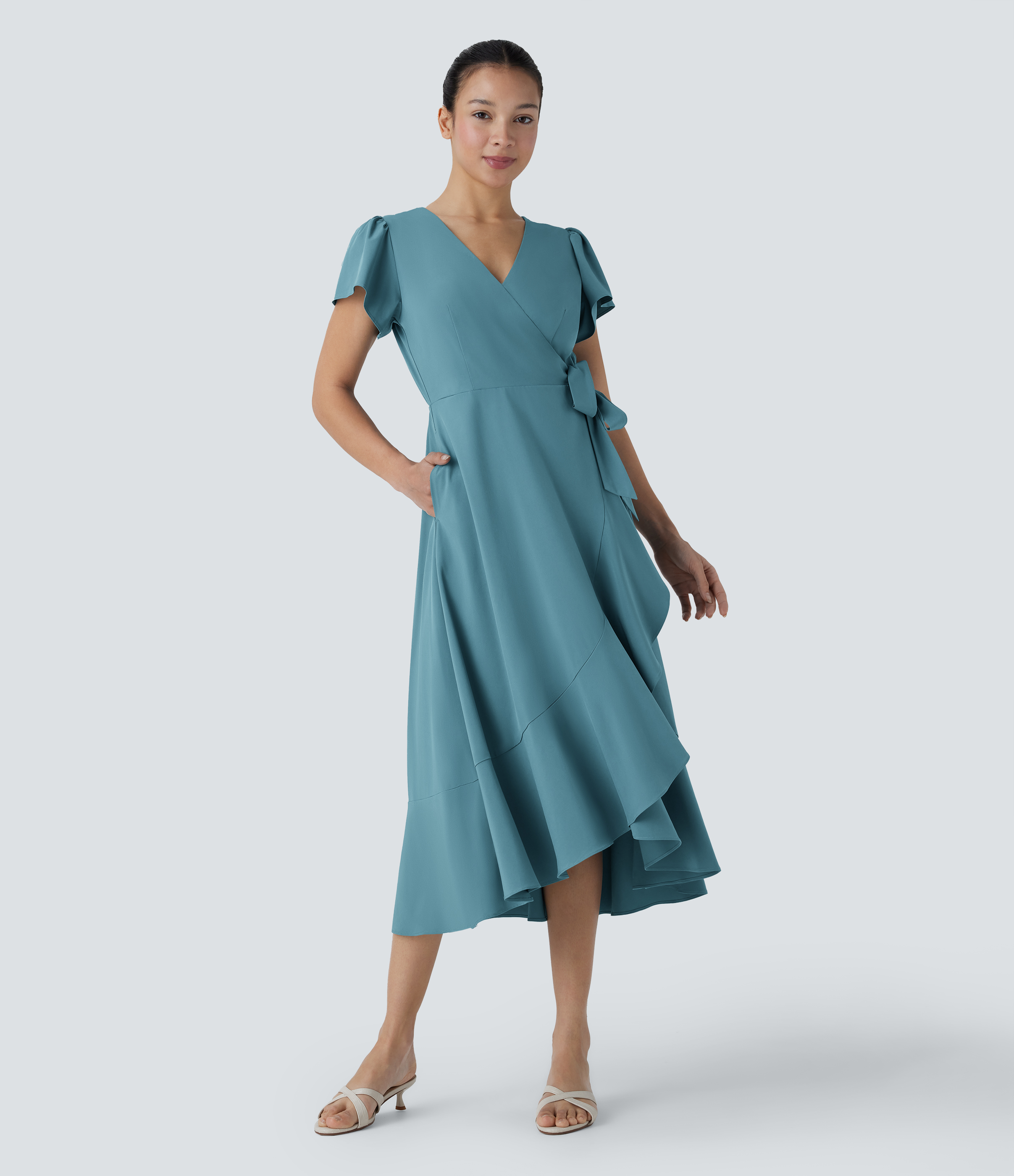 Halara Breezefulв„ў V Neck Short Sleeve Wrapped Tie Side Pocket Ruffle Flowy Quick Dry Midi Casual Dress Casual Dress - Stone Blue - XS 