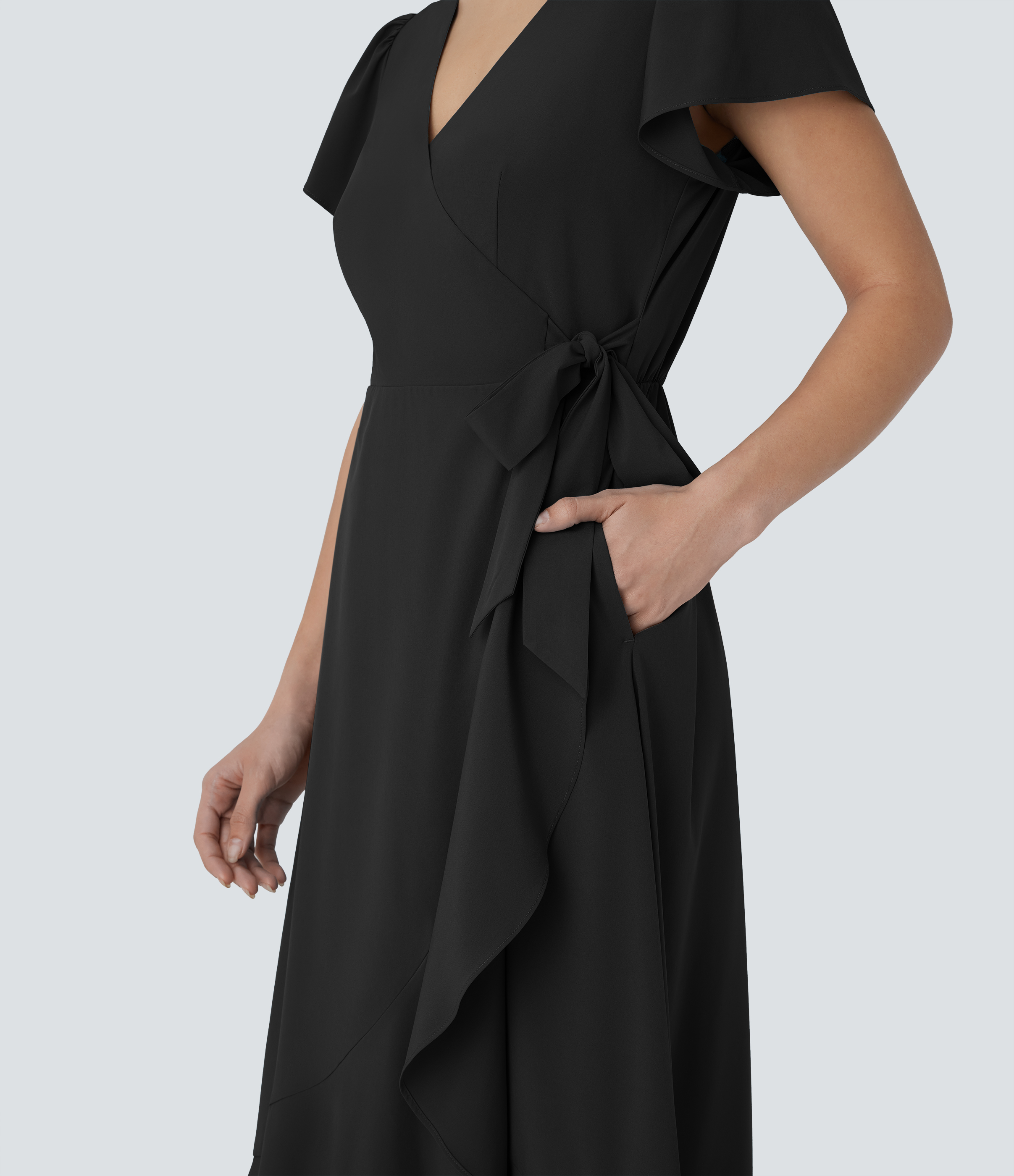 Halara Breezefulв„ў V Neck Short Sleeve Wrapped Tie Side Pocket Ruffle Flowy Quick Dry Midi Casual Dress Casual Dress - Black - M slip dress 