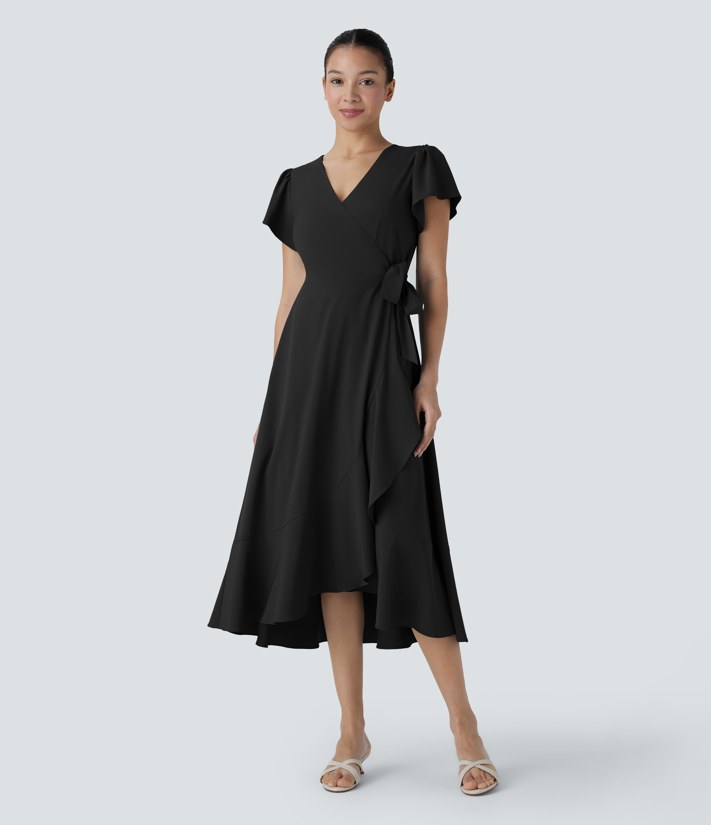 Halara Breezefulв„ў V Neck Short Sleeve Wrapped Tie Side Pocket Ruffle Flowy Quick Dry Midi Casual Dress Casual Dress - Black - M slip dress 
