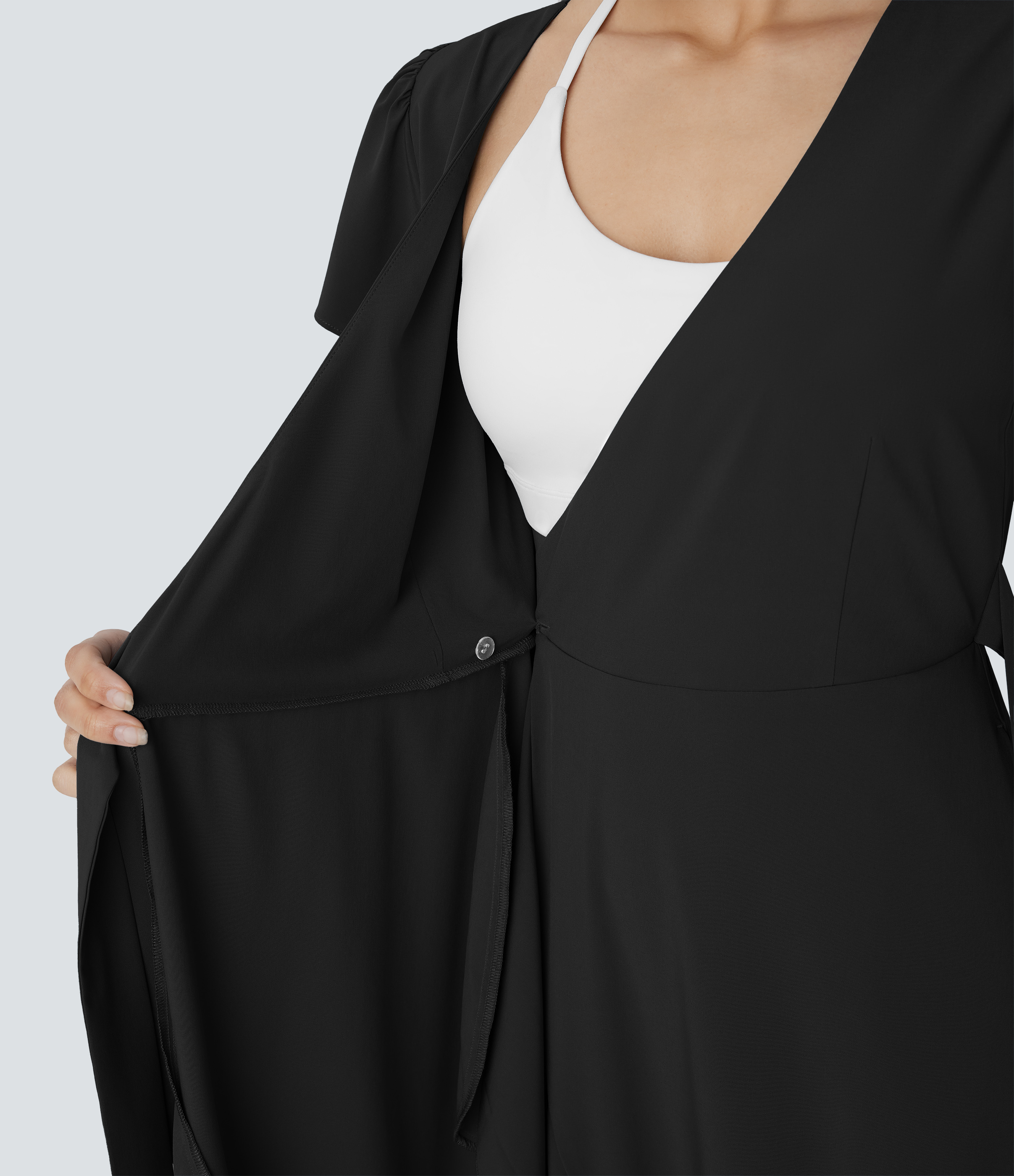 Halara Breezefulв„ў V Neck Short Sleeve Wrapped Tie Side Pocket Ruffle Flowy Quick Dry Midi Casual Dress Casual Dress - Black - M slip dress 