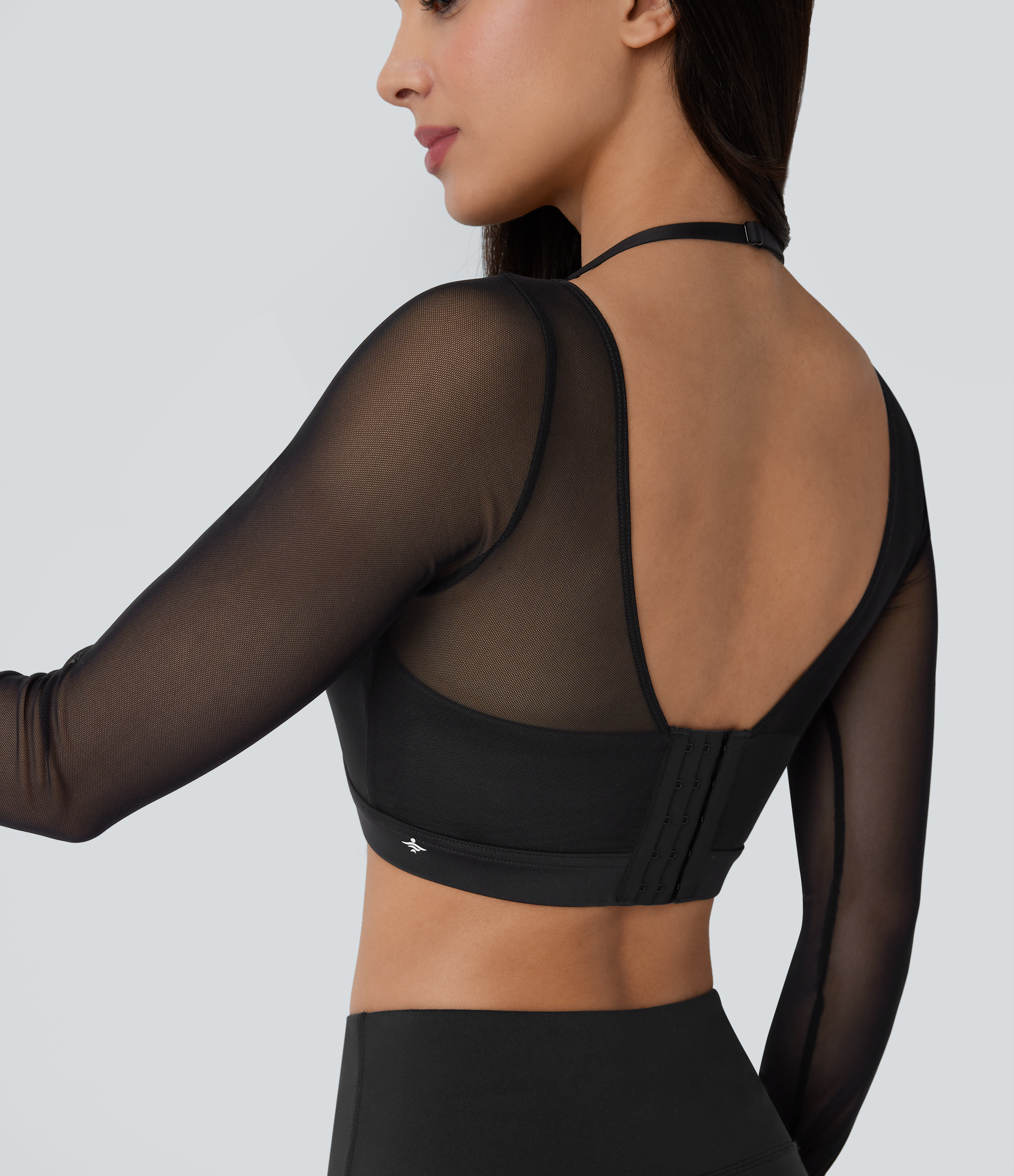Halara Halter Backless Long Sleeve Thumb Hole Contrast Mesh 2-in-1 Cropped Yoga Sports Top  - Black - XS 