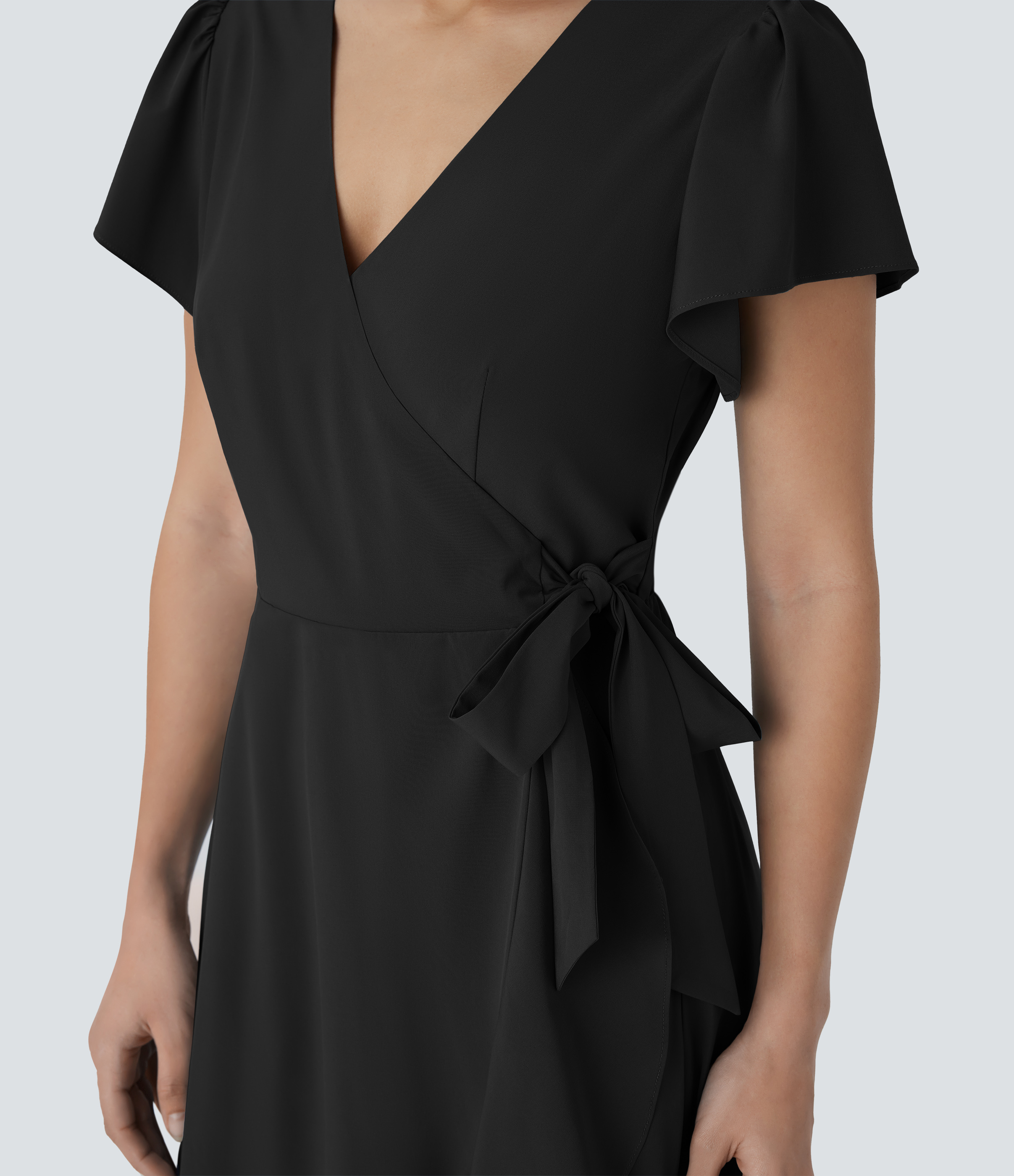 Halara Breezefulв„ў V Neck Short Sleeve Wrapped Tie Side Pocket Ruffle Flowy Quick Dry Midi Casual Dress Casual Dress - Black - M slip dress 
