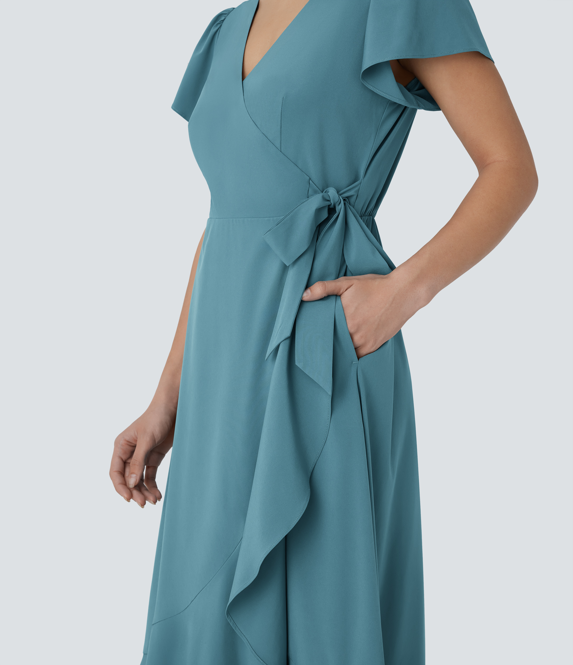Halara Breezefulв„ў V Neck Short Sleeve Wrapped Tie Side Pocket Ruffle Flowy Quick Dry Midi Casual Dress Casual Dress - Stone Blue - XS 