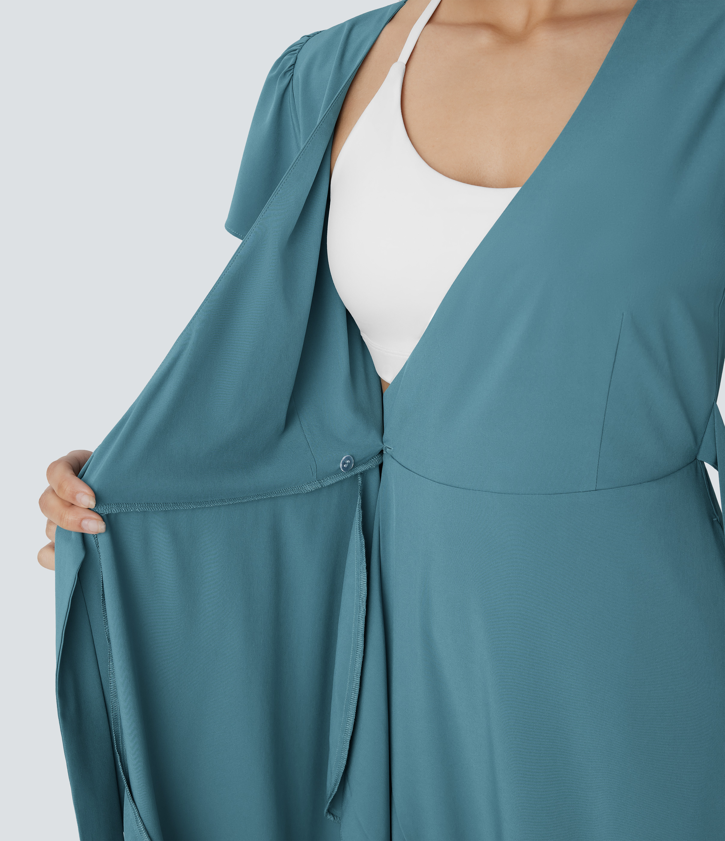 Halara Breezefulв„ў V Neck Short Sleeve Wrapped Tie Side Pocket Ruffle Flowy Quick Dry Midi Casual Dress Casual Dress - Stone Blue - XS 