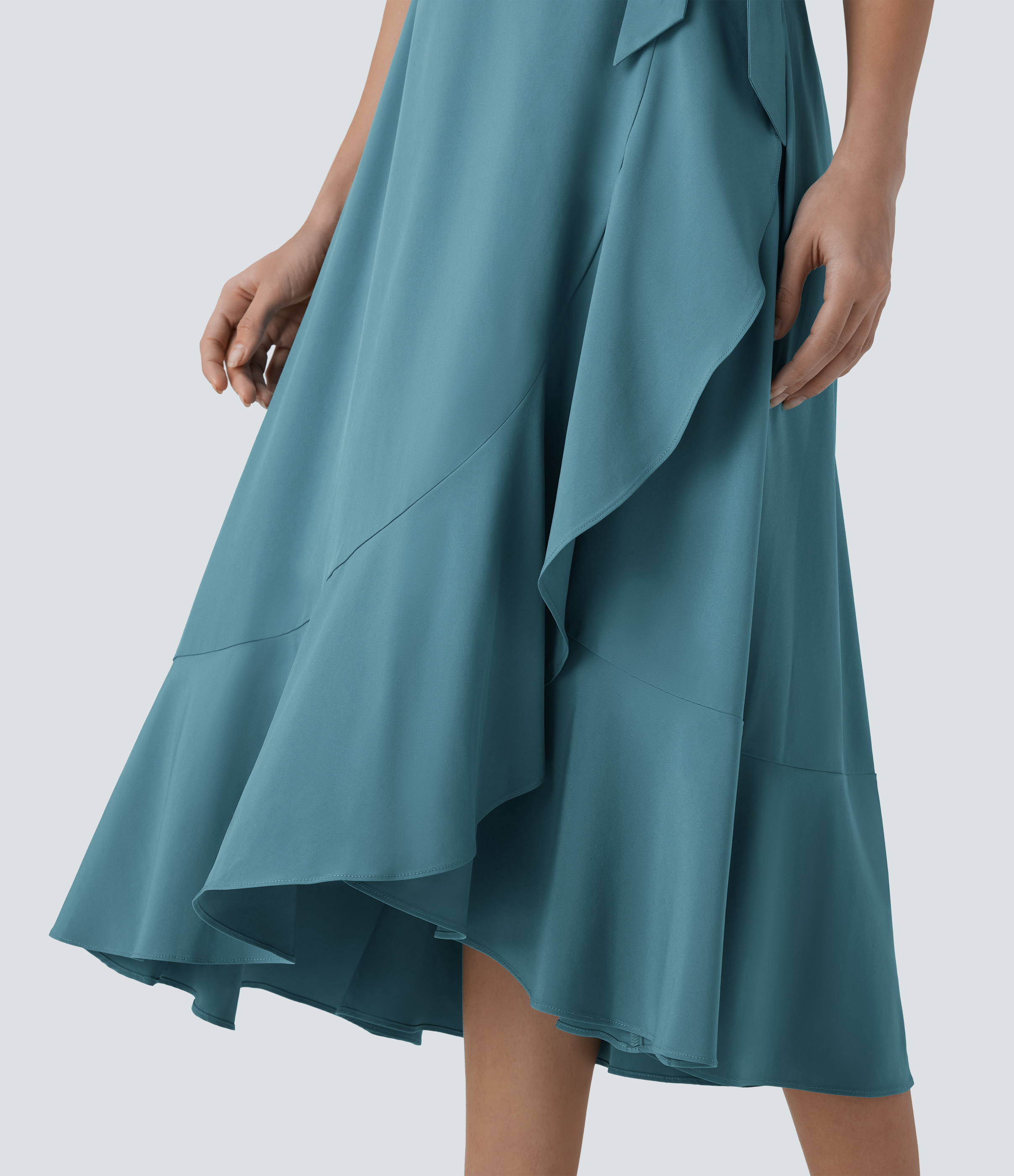Halara Breezefulв„ў V Neck Short Sleeve Wrapped Tie Side Pocket Ruffle Flowy Quick Dry Midi Casual Dress Casual Dress - Stone Blue - XS 