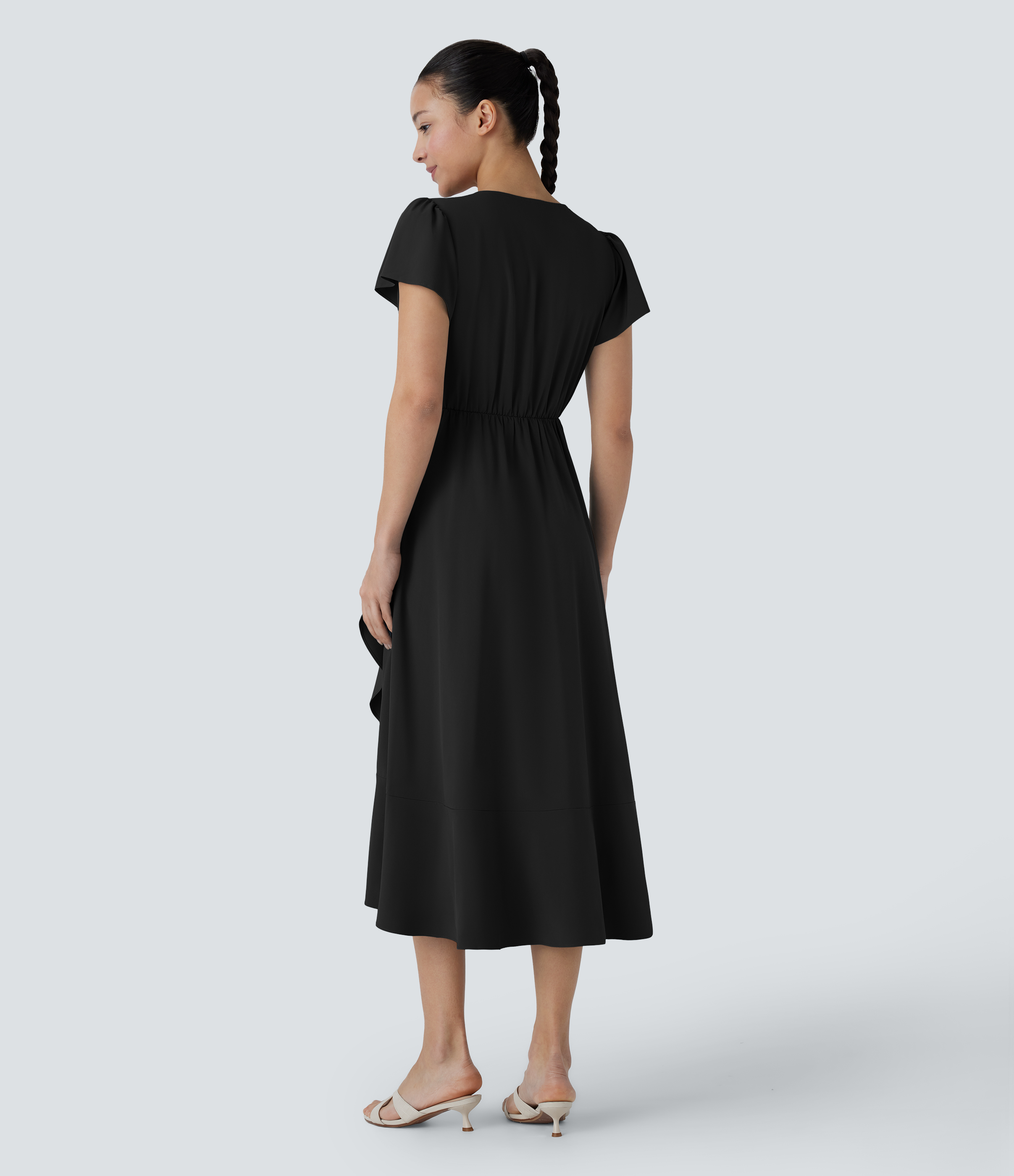 Halara Breezefulв„ў V Neck Short Sleeve Wrapped Tie Side Pocket Ruffle Flowy Quick Dry Midi Casual Dress Casual Dress - Black - M slip dress 