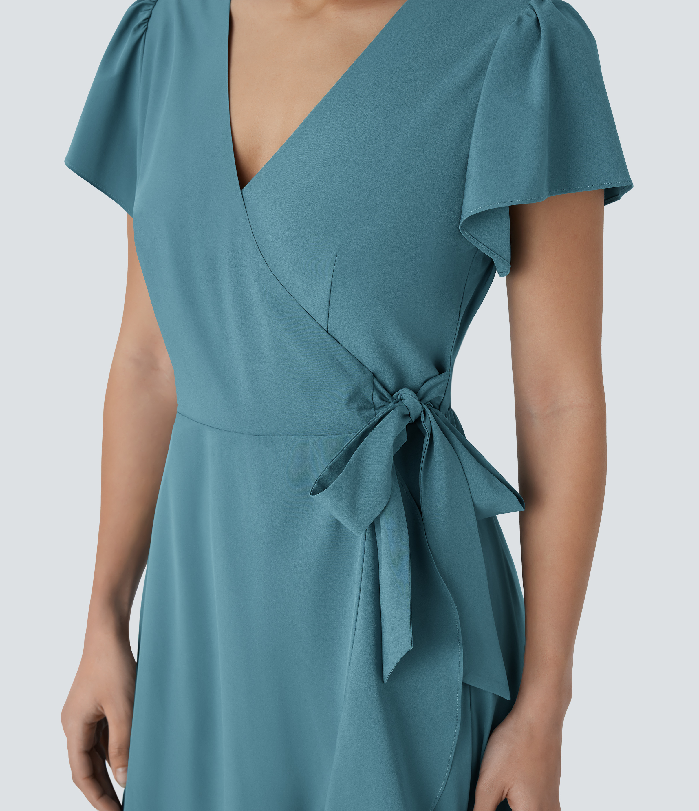 Halara Breezefulв„ў V Neck Short Sleeve Wrapped Tie Side Pocket Ruffle Flowy Quick Dry Midi Casual Dress Casual Dress - Stone Blue - XS 