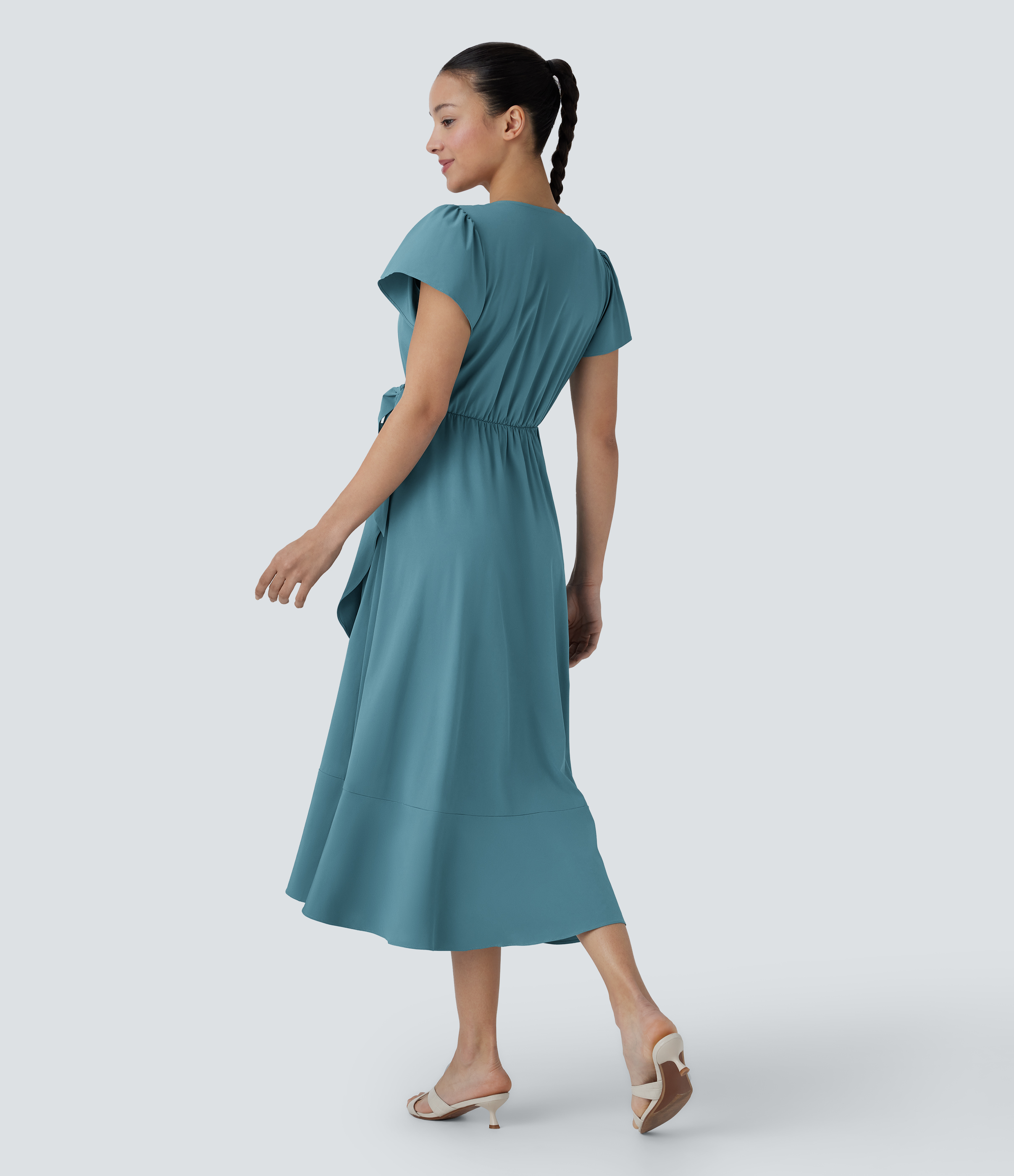 Halara Breezefulв„ў V Neck Short Sleeve Wrapped Tie Side Pocket Ruffle Flowy Quick Dry Midi Casual Dress Casual Dress - Stone Blue - XS 