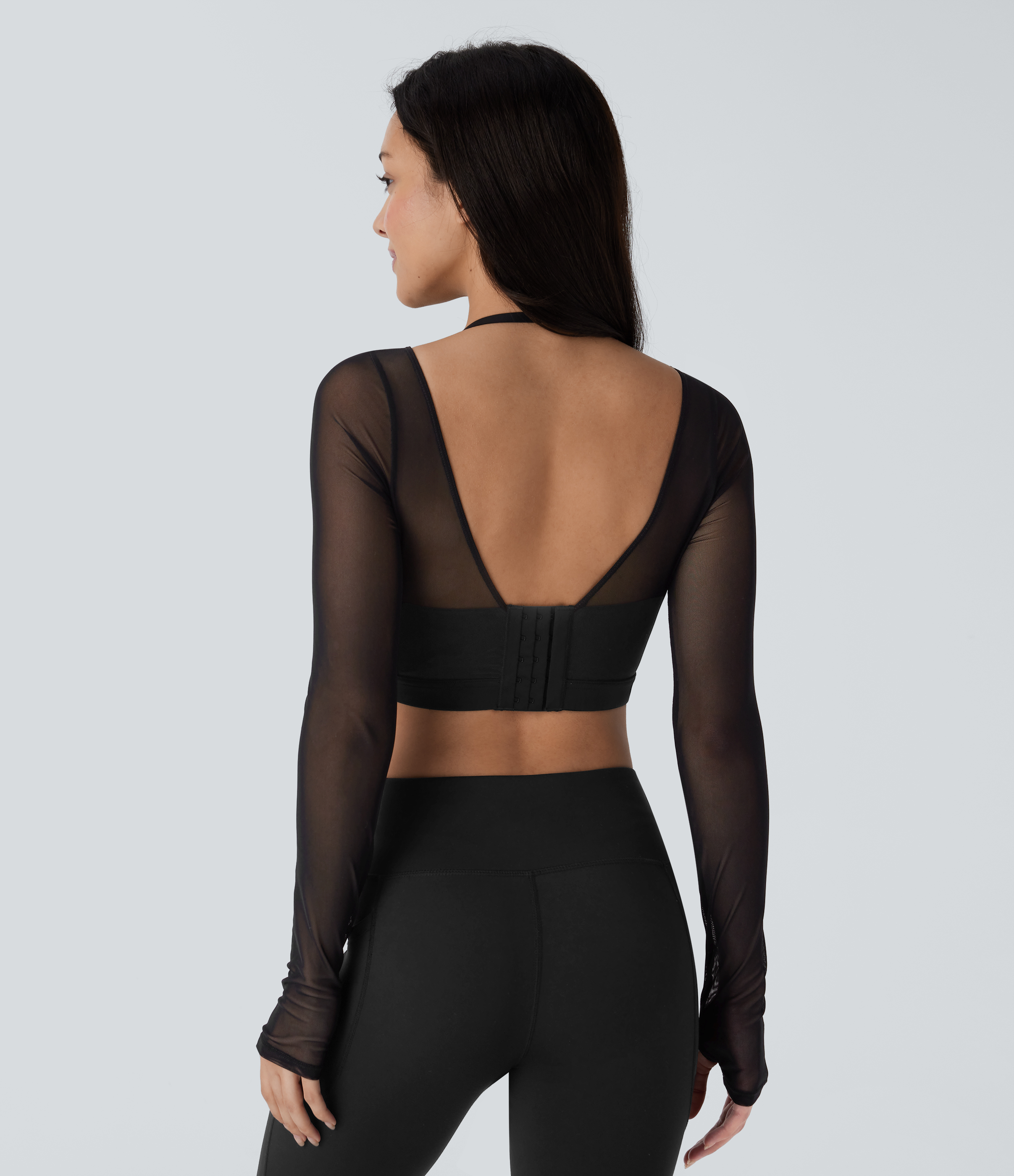 Halara Halter Backless Long Sleeve Thumb Hole Contrast Mesh 2-in-1 Cropped Yoga Sports Top  - Black - XS 