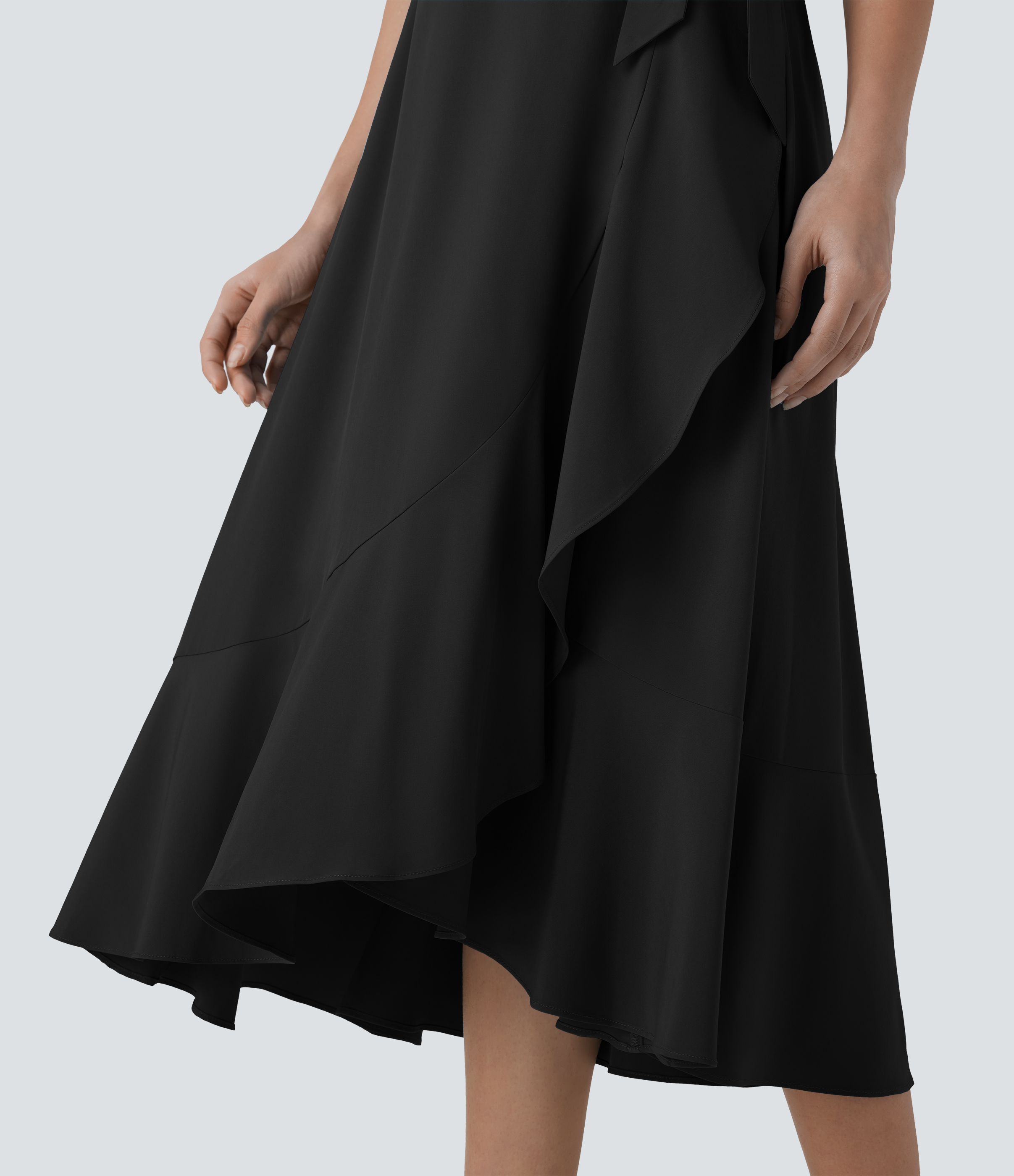 Halara Breezefulв„ў V Neck Short Sleeve Wrapped Tie Side Pocket Ruffle Flowy Quick Dry Midi Casual Dress Casual Dress - Black - M slip dress 