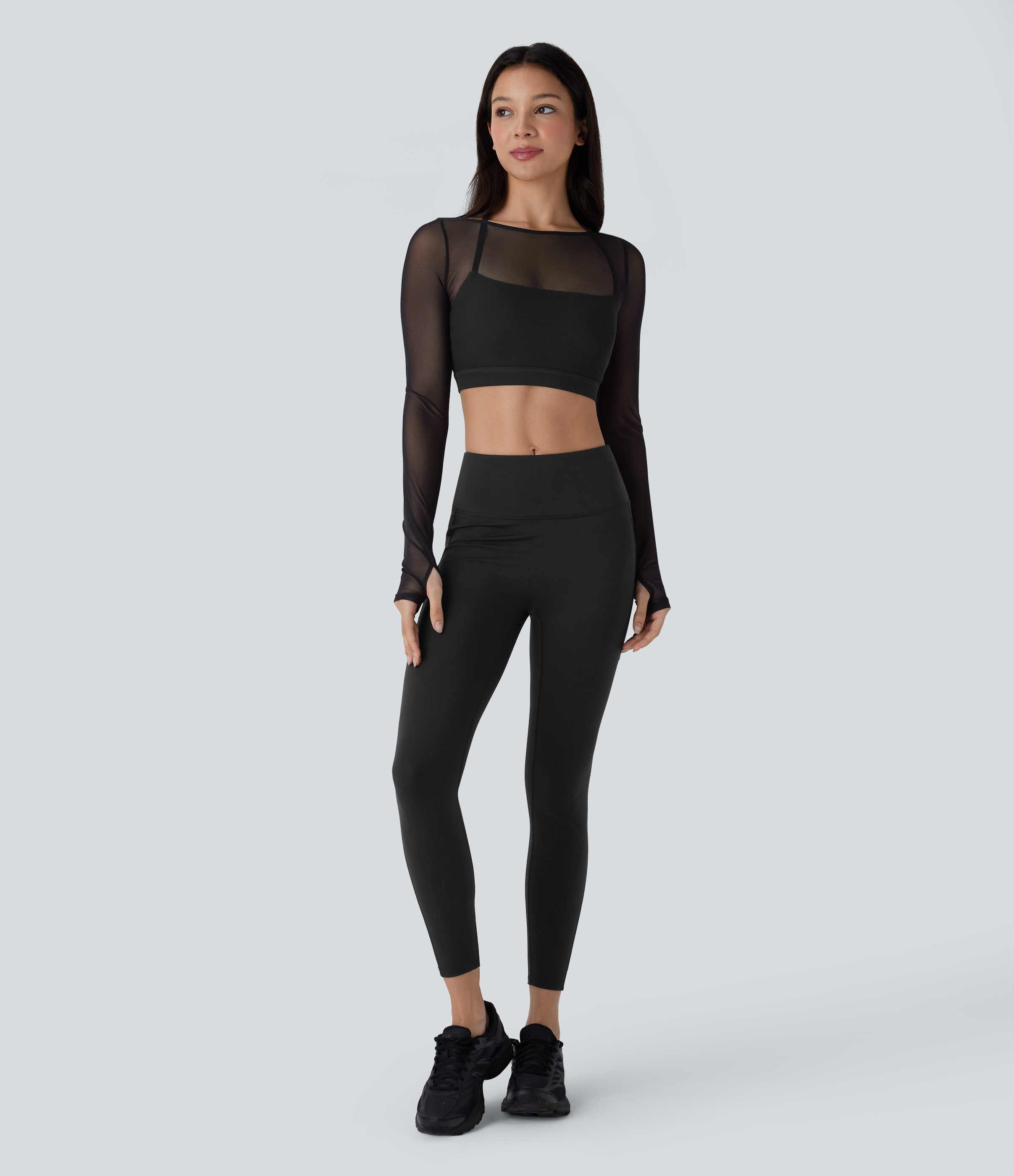 Halara Halter Backless Long Sleeve Thumb Hole Contrast Mesh 2-in-1 Cropped Yoga Sports Top  - Black - XS 