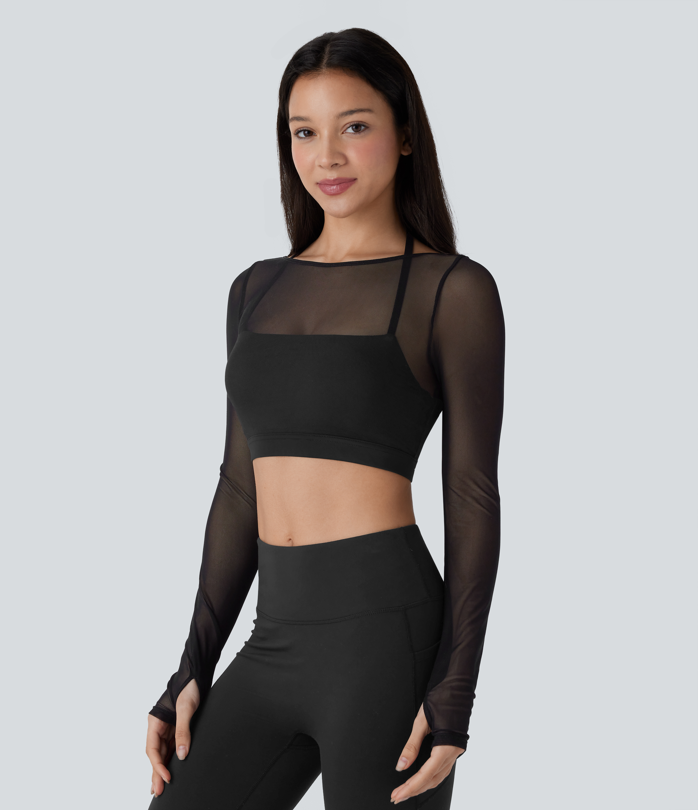 Halara Halter Backless Long Sleeve Thumb Hole Contrast Mesh 2-in-1 Cropped Yoga Sports Top  - Black - XS 