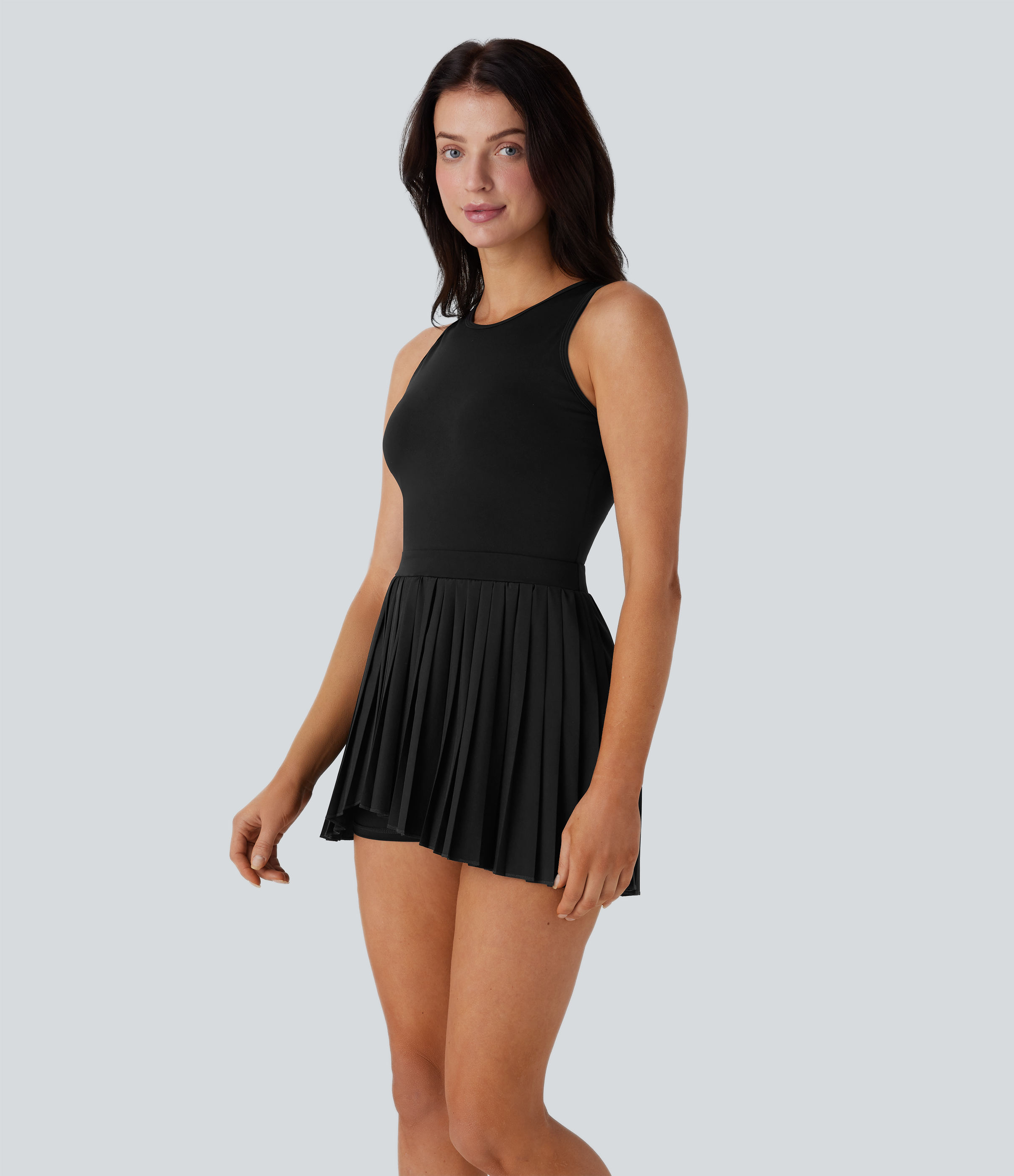 Halara Breezefulв„ў Cut Out Contrast Mesh Pleated Hem 2 Piece Set Side Pocket Mini Quick Dry Dance Active Tank Dress Workout Dress - Black - XL 