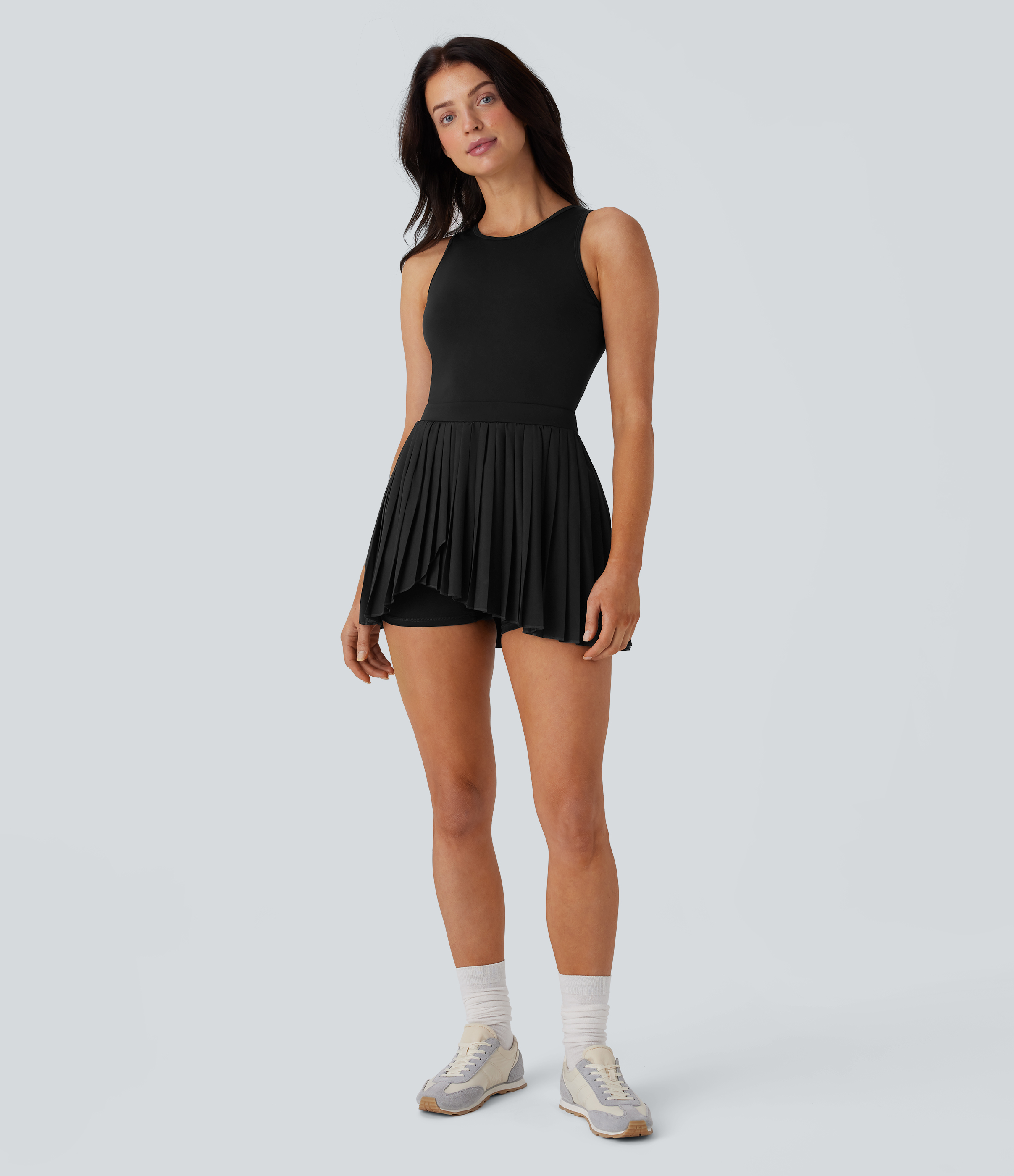 Halara Breezefulв„ў Cut Out Contrast Mesh Pleated Hem 2 Piece Set Side Pocket Mini Quick Dry Dance Active Tank Dress Workout Dress - Black - XL 