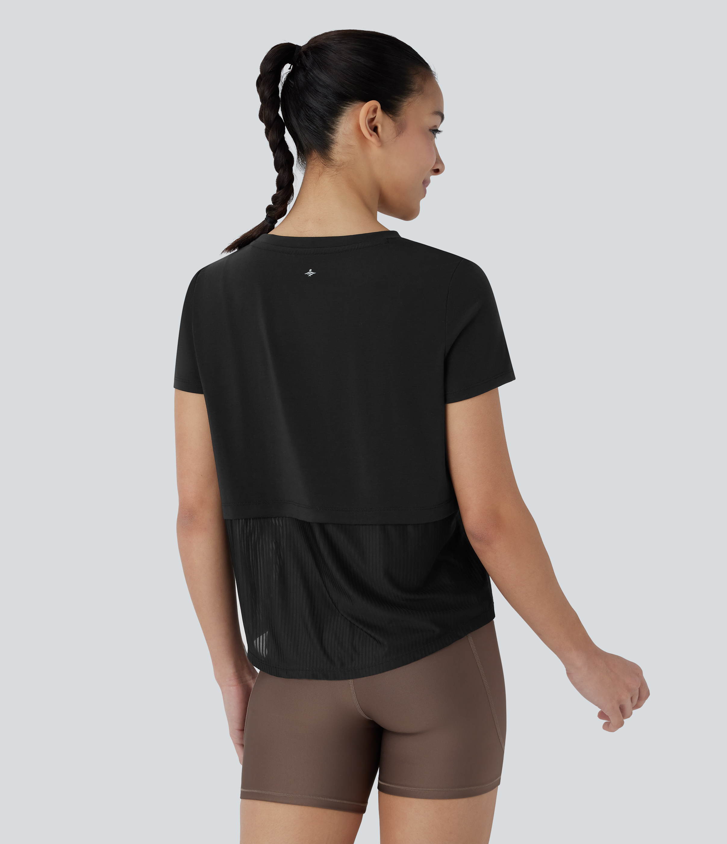Halara Round Neck Short Sleeve Patchwork Quick Dry Running Sports Top  - Black - L 