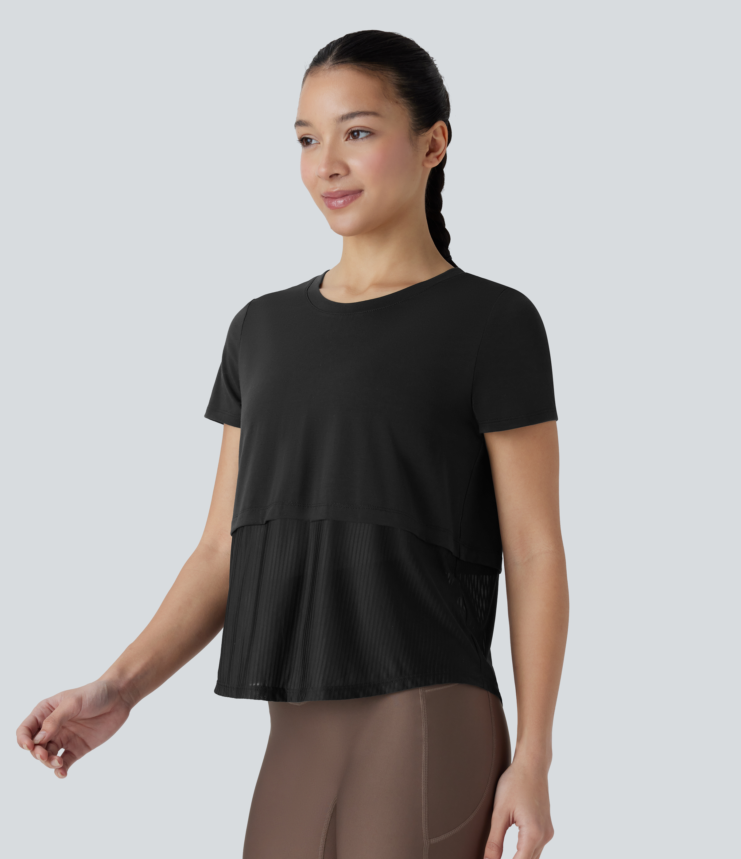 Halara Round Neck Short Sleeve Patchwork Quick Dry Running Sports Top  - Black - L 