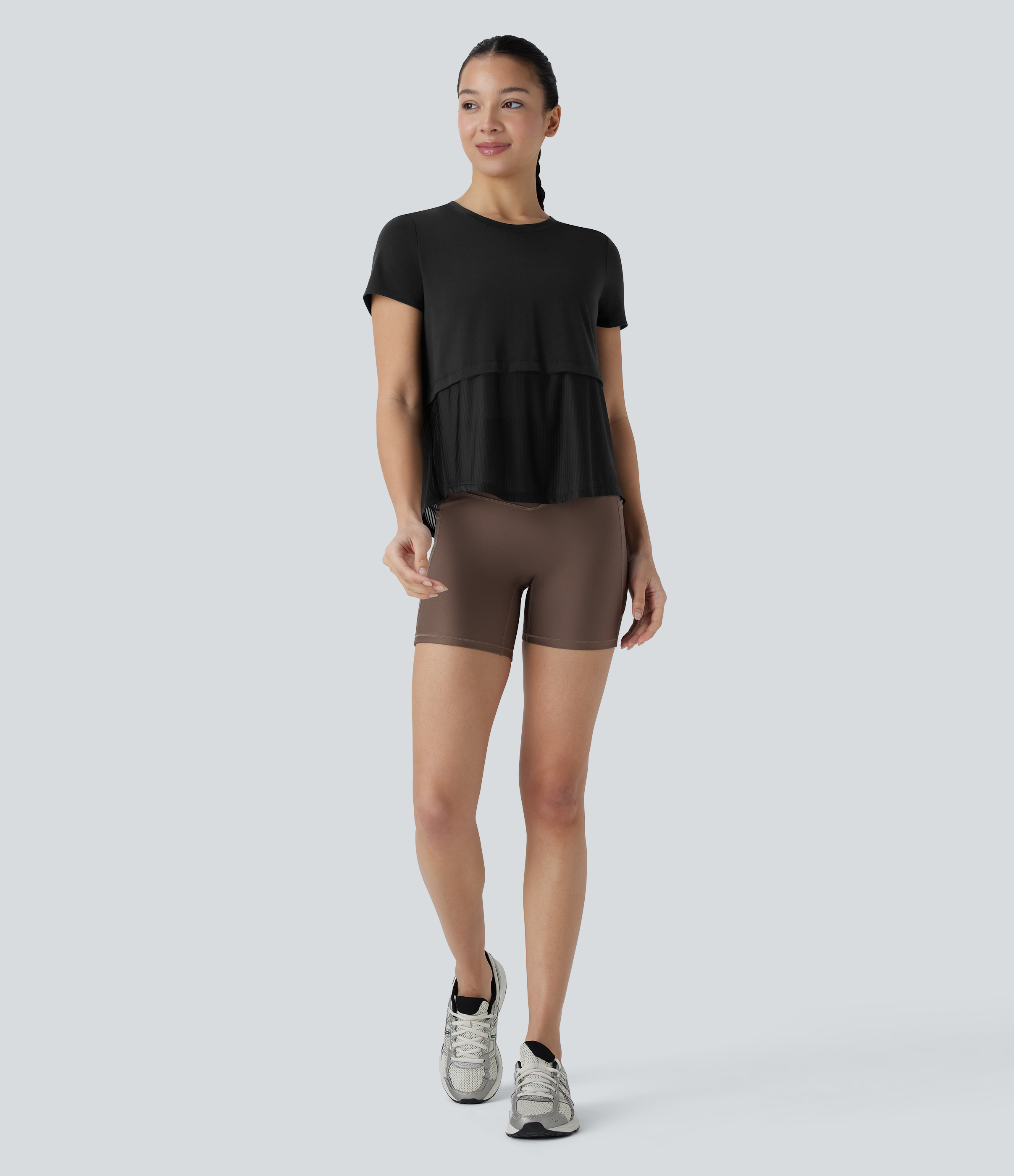 Halara Round Neck Short Sleeve Patchwork Quick Dry Running Sports Top  - Black - L 