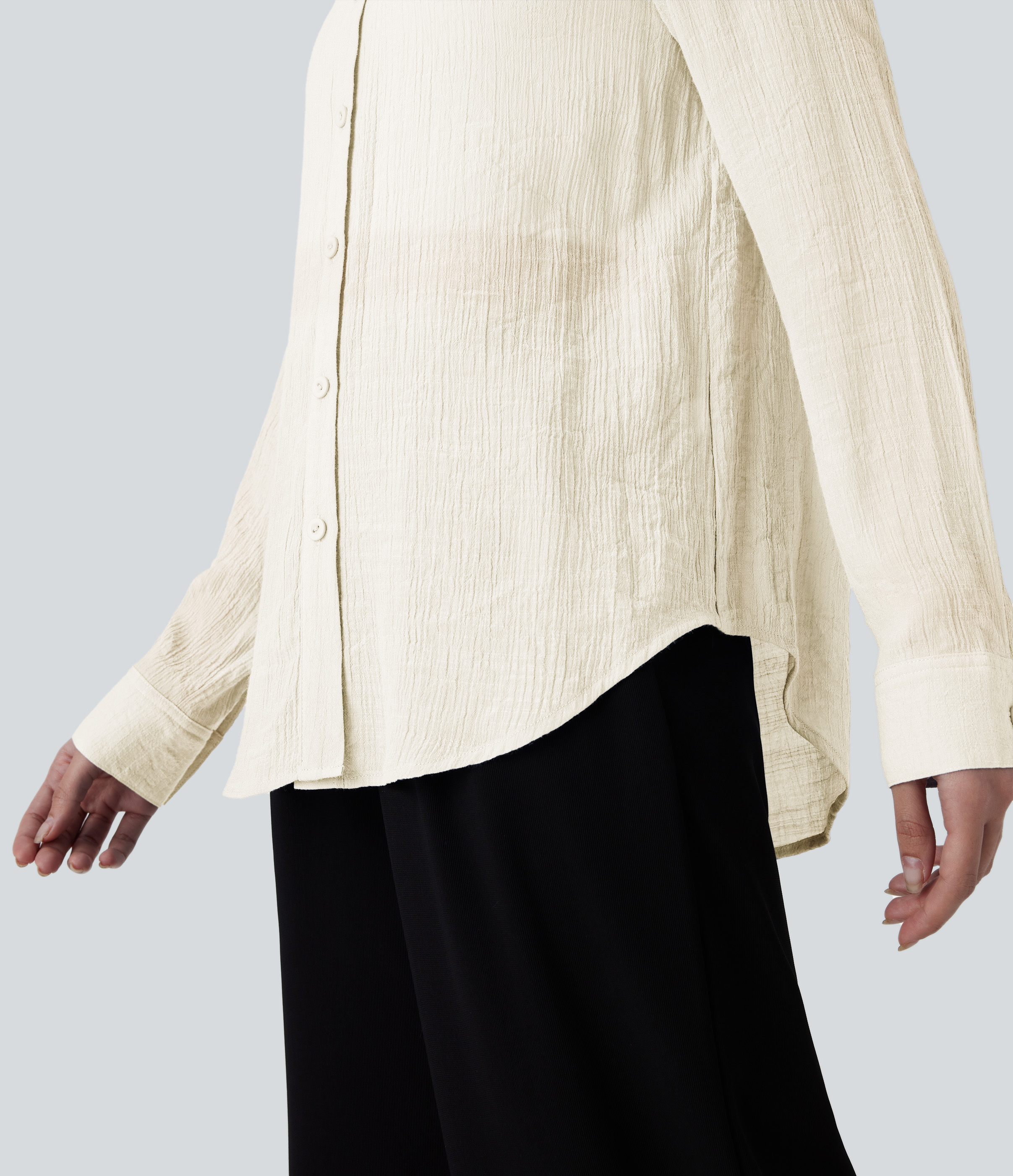 Halara Collared Button Long Sleeve Curved Hem Work Shirt  - Rutabaga - L 