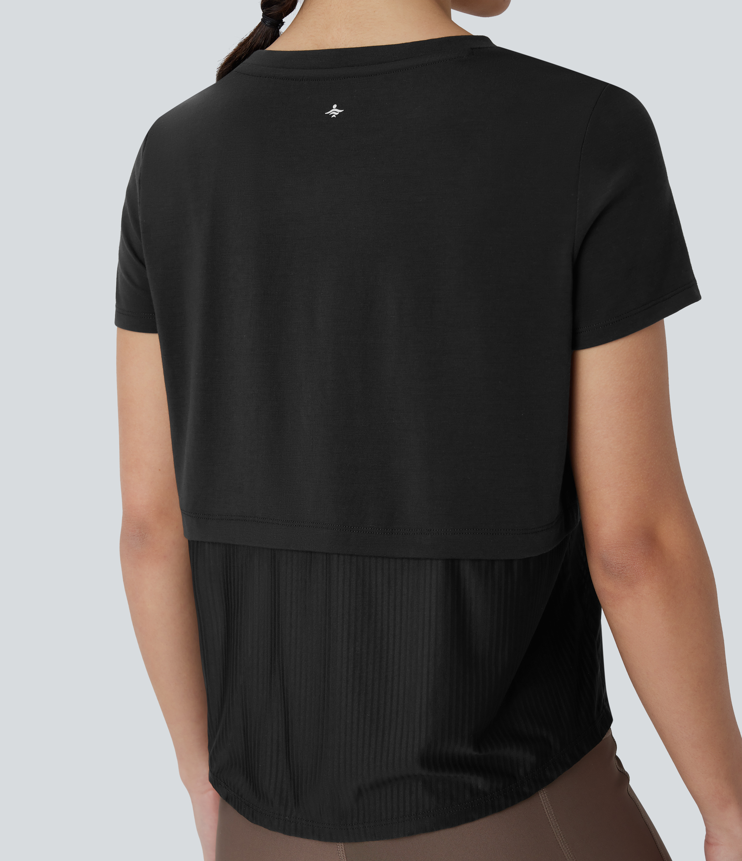 Halara Round Neck Short Sleeve Patchwork Quick Dry Running Sports Top  - Black - L 