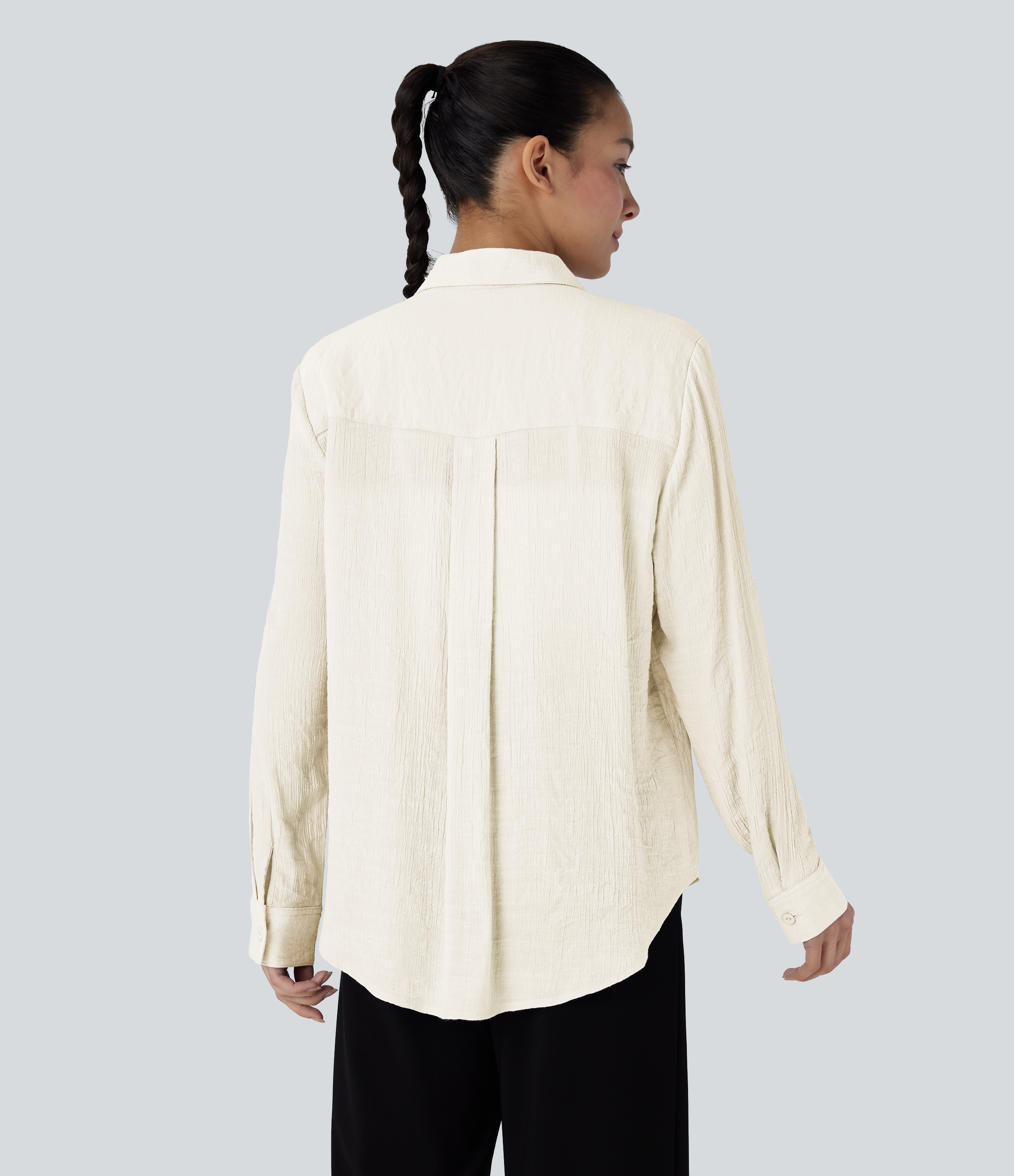Halara Collared Button Long Sleeve Curved Hem Work Shirt  - Rutabaga - L 