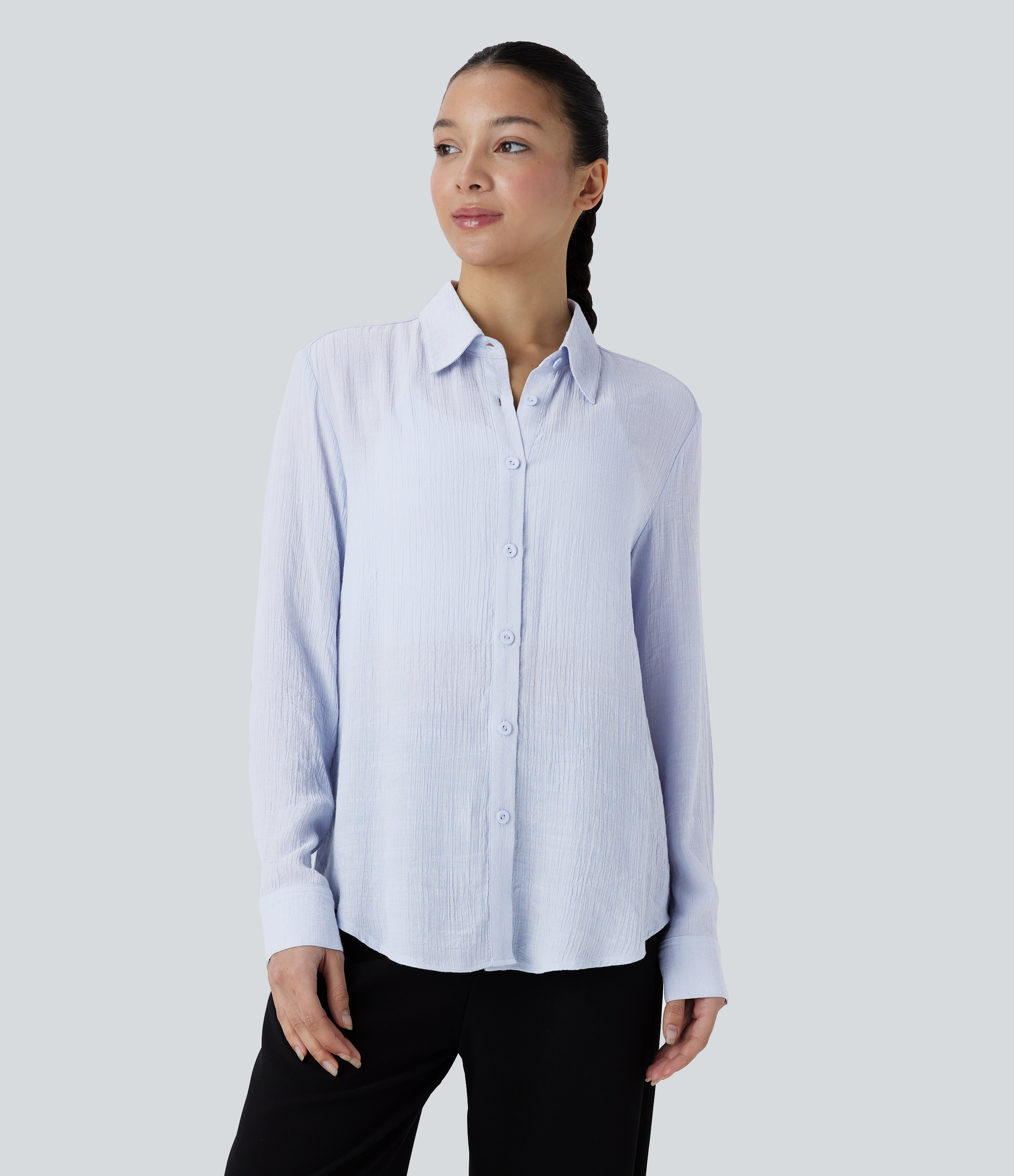 Halara Collared Button Long Sleeve Curved Hem Work Shirt  - Arctic Ice - XS 