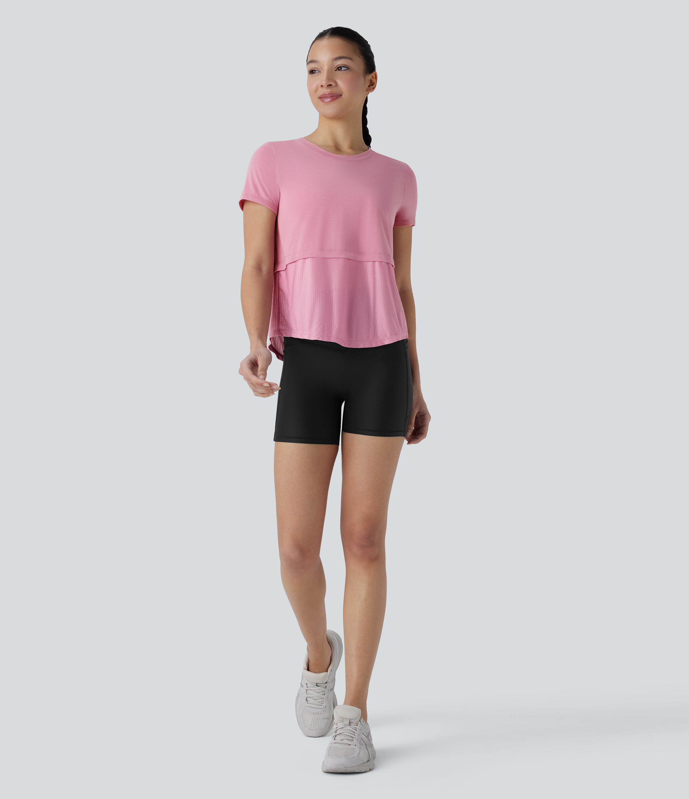 Halara Round Neck Short Sleeve Patchwork Quick Dry Running Sports Top  - Soft Berry - S 