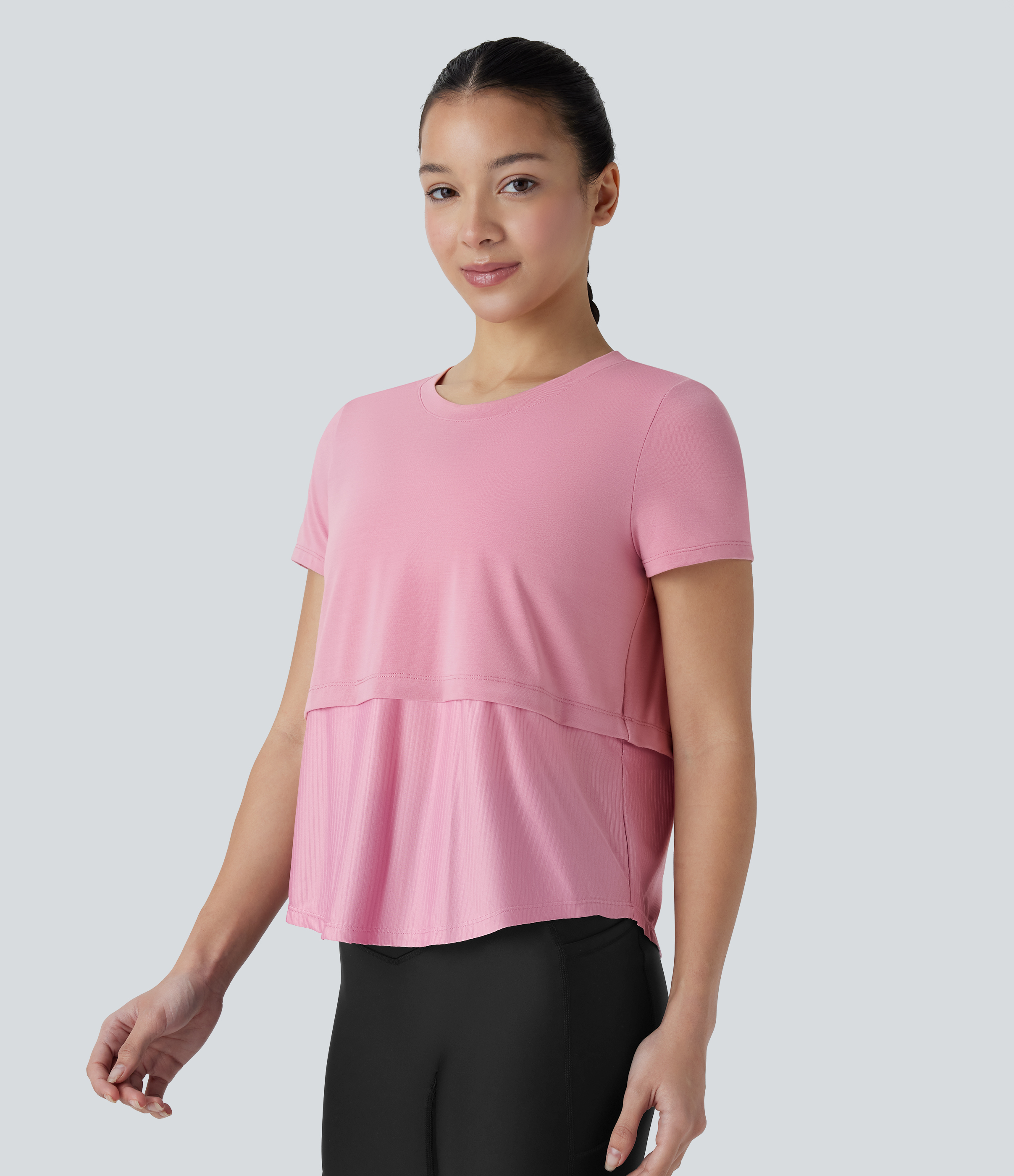 Halara Round Neck Short Sleeve Patchwork Quick Dry Running Sports Top  - Soft Berry - S 