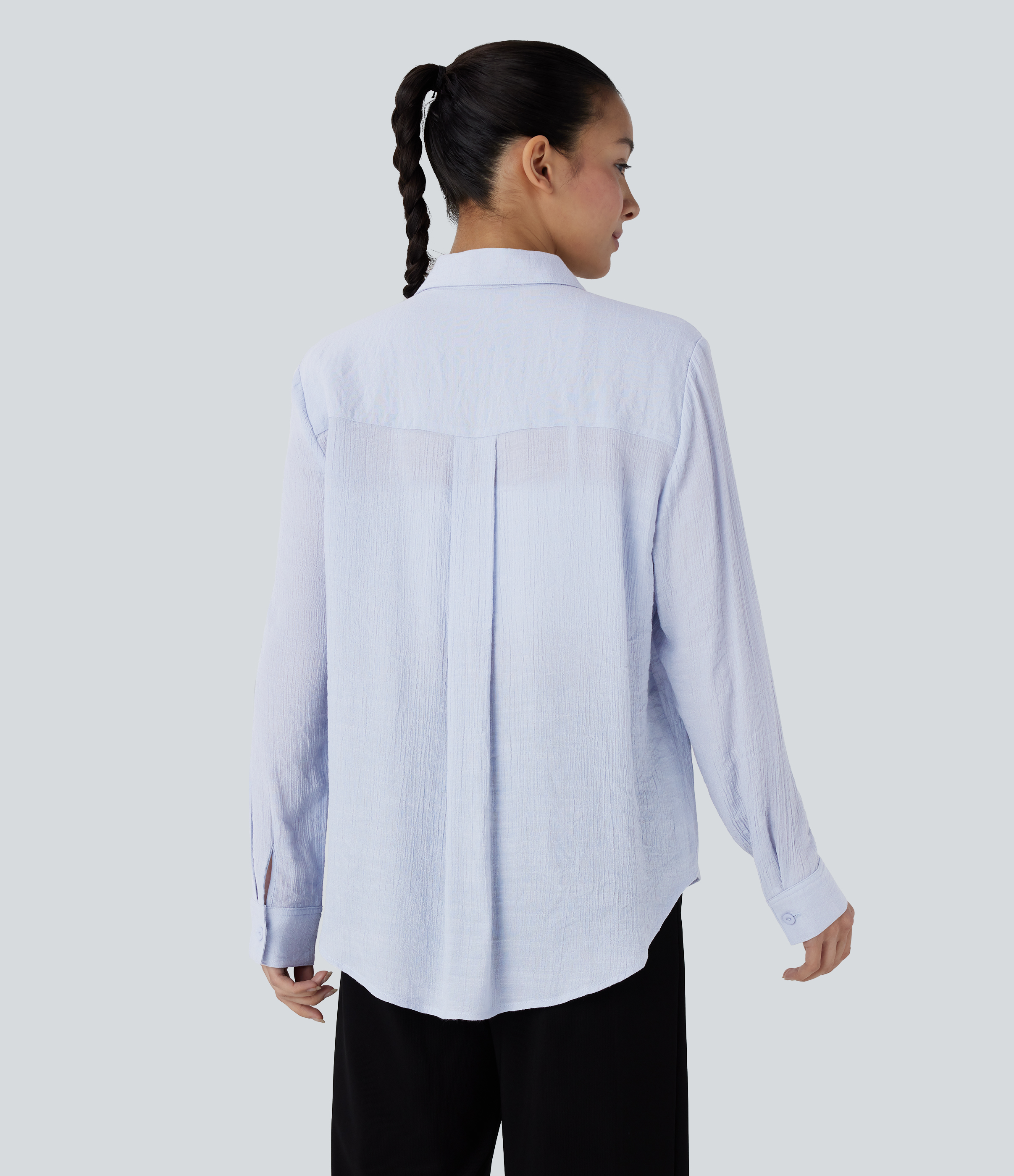 Halara Collared Button Long Sleeve Curved Hem Work Shirt  - Arctic Ice - XS 