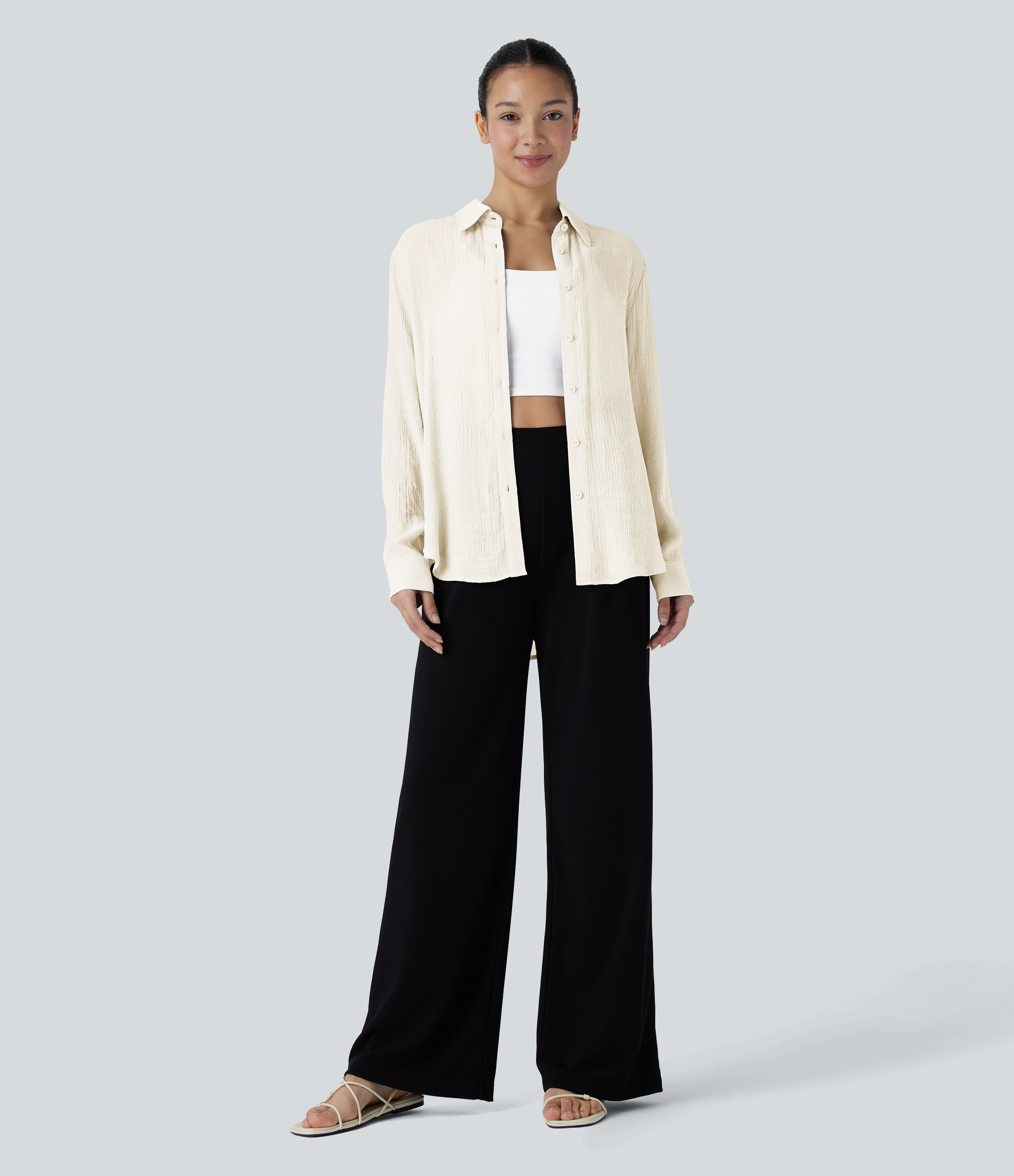 Halara Collared Button Long Sleeve Curved Hem Work Shirt  - Rutabaga - L 