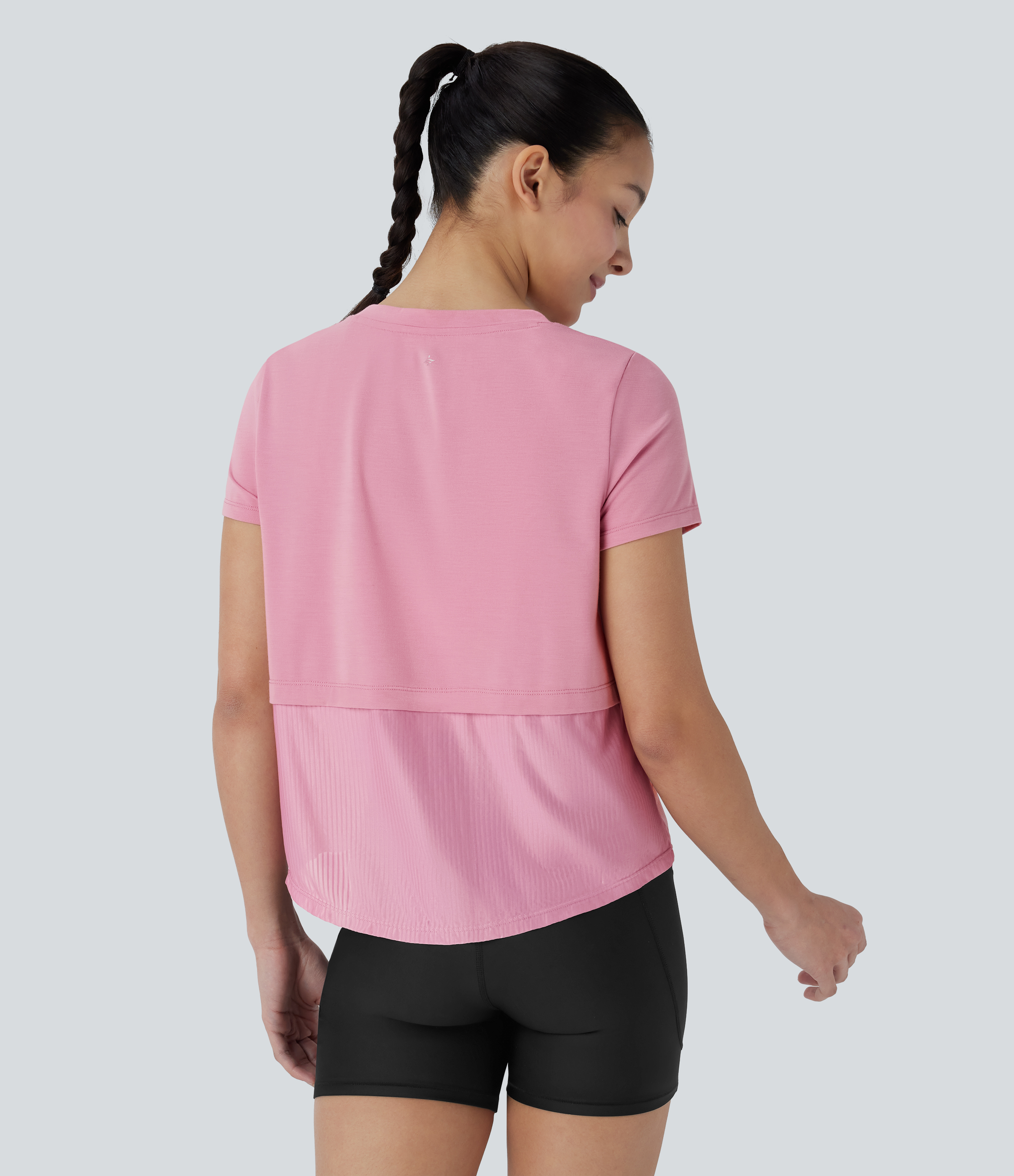 Halara Round Neck Short Sleeve Patchwork Quick Dry Running Sports Top  - Soft Berry - S 