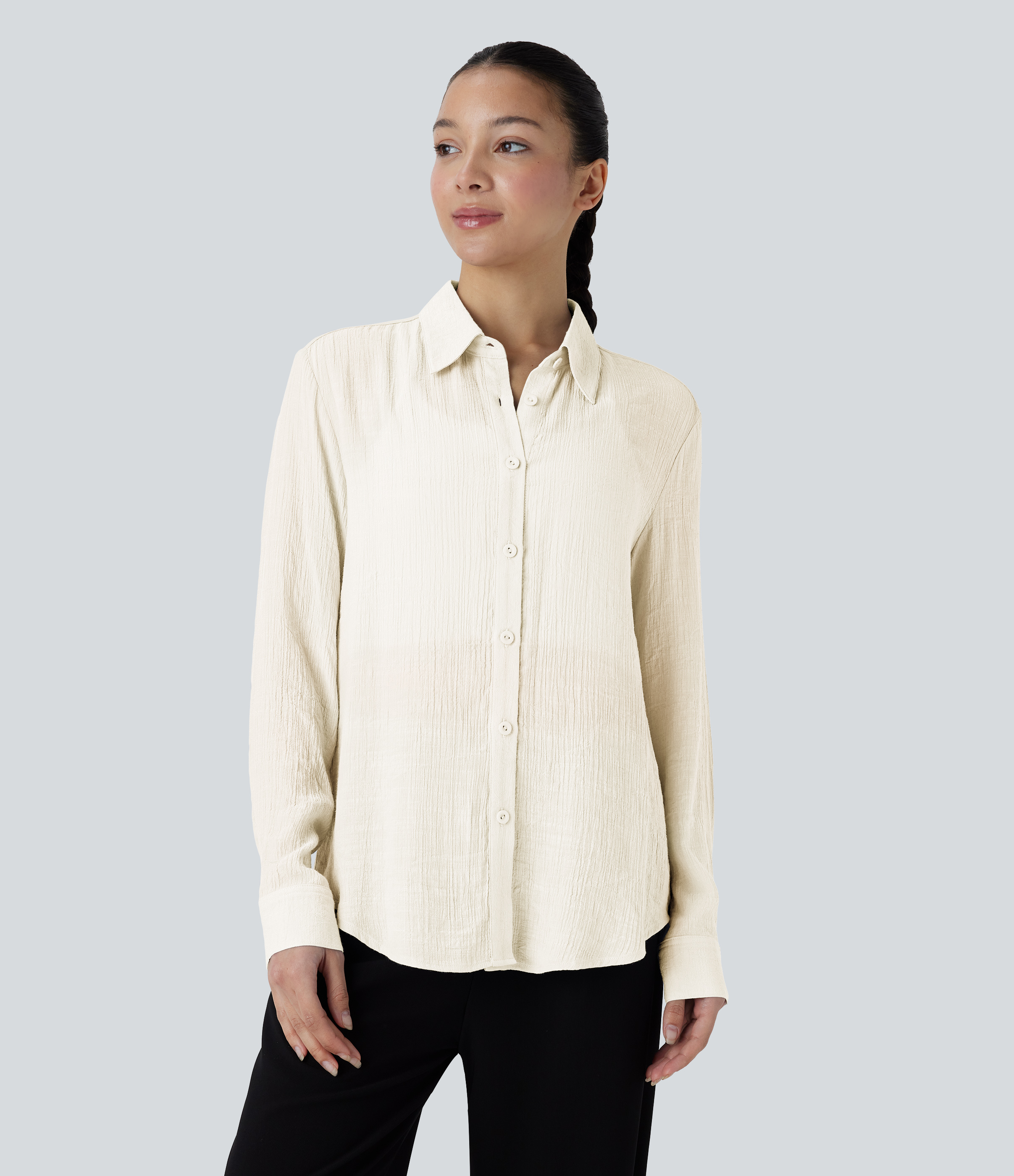 Halara Collared Button Long Sleeve Curved Hem Work Shirt  - Rutabaga - L 