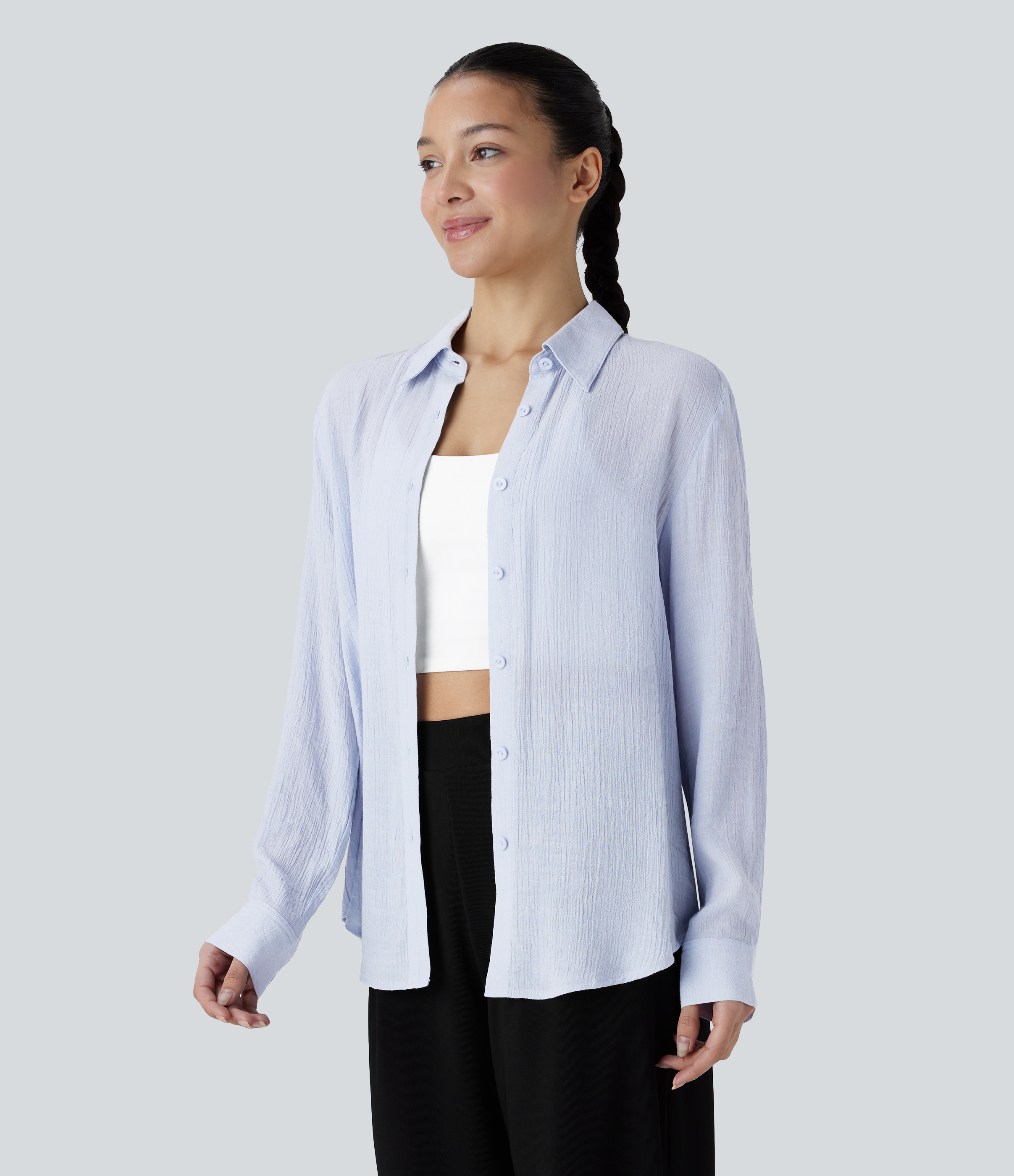 Halara Collared Button Long Sleeve Curved Hem Work Shirt  - Arctic Ice - XS 